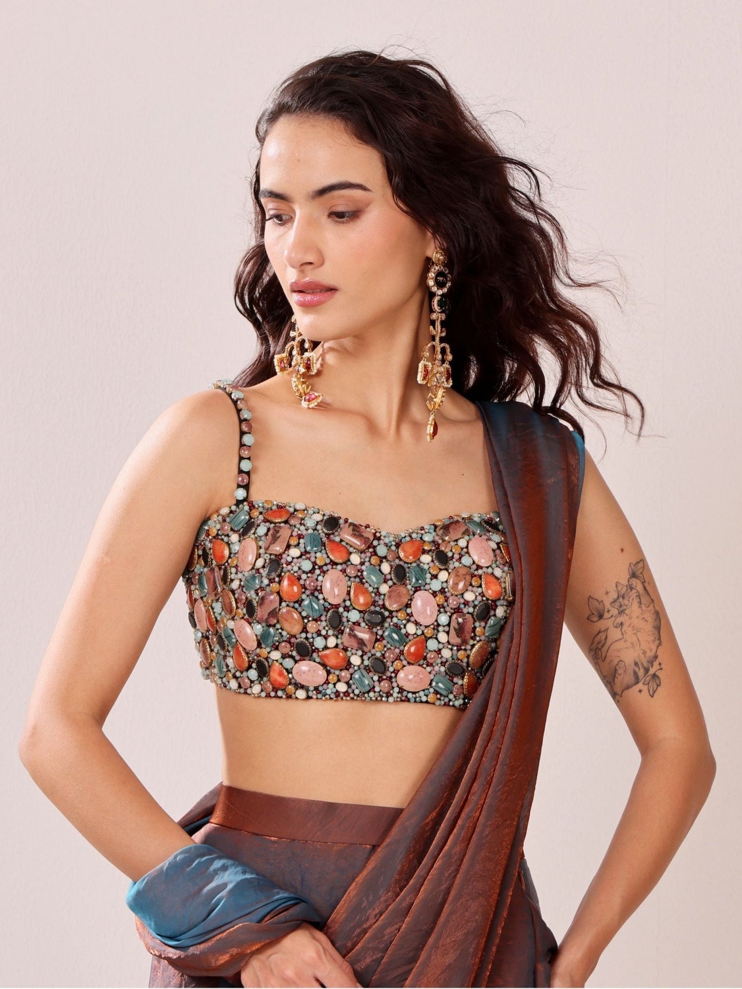 Bronze Ember -Stone embellished blouse and Saree Set - truzee