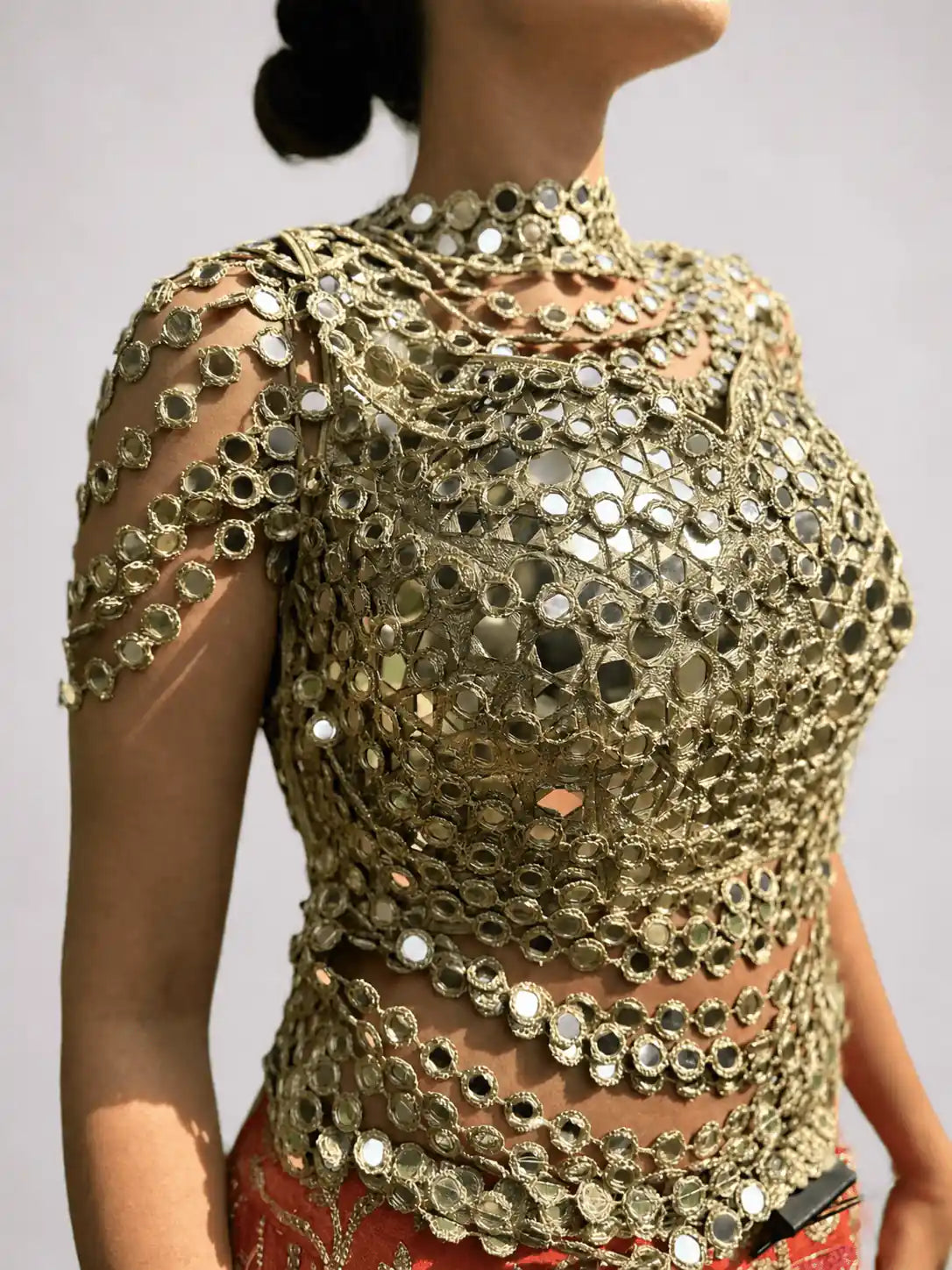 Noor Mesh Blouse – Antique Gold Mirror Work Blouse - truzee