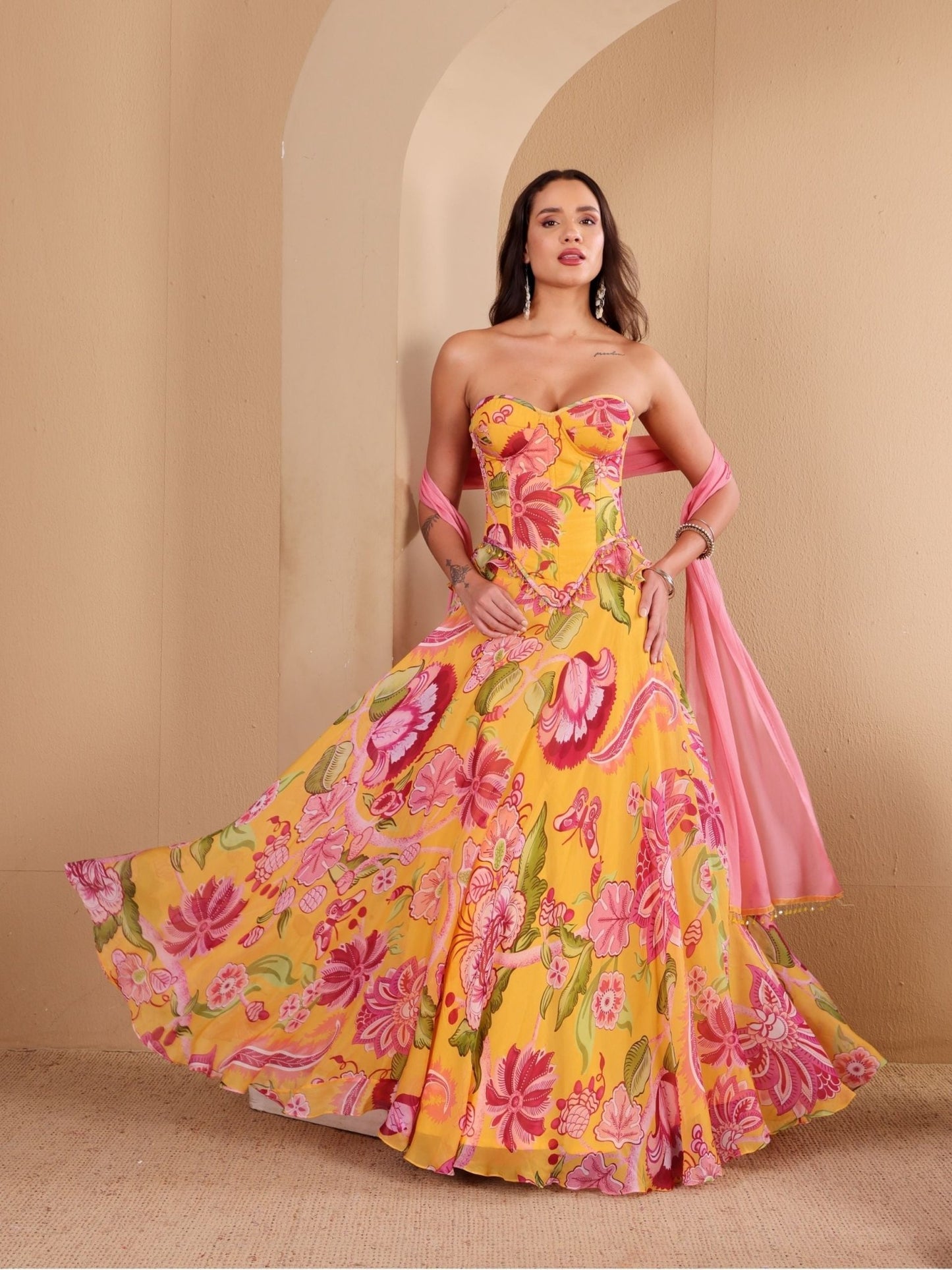 Yellow Printed Corset Lehenga Set - truzee