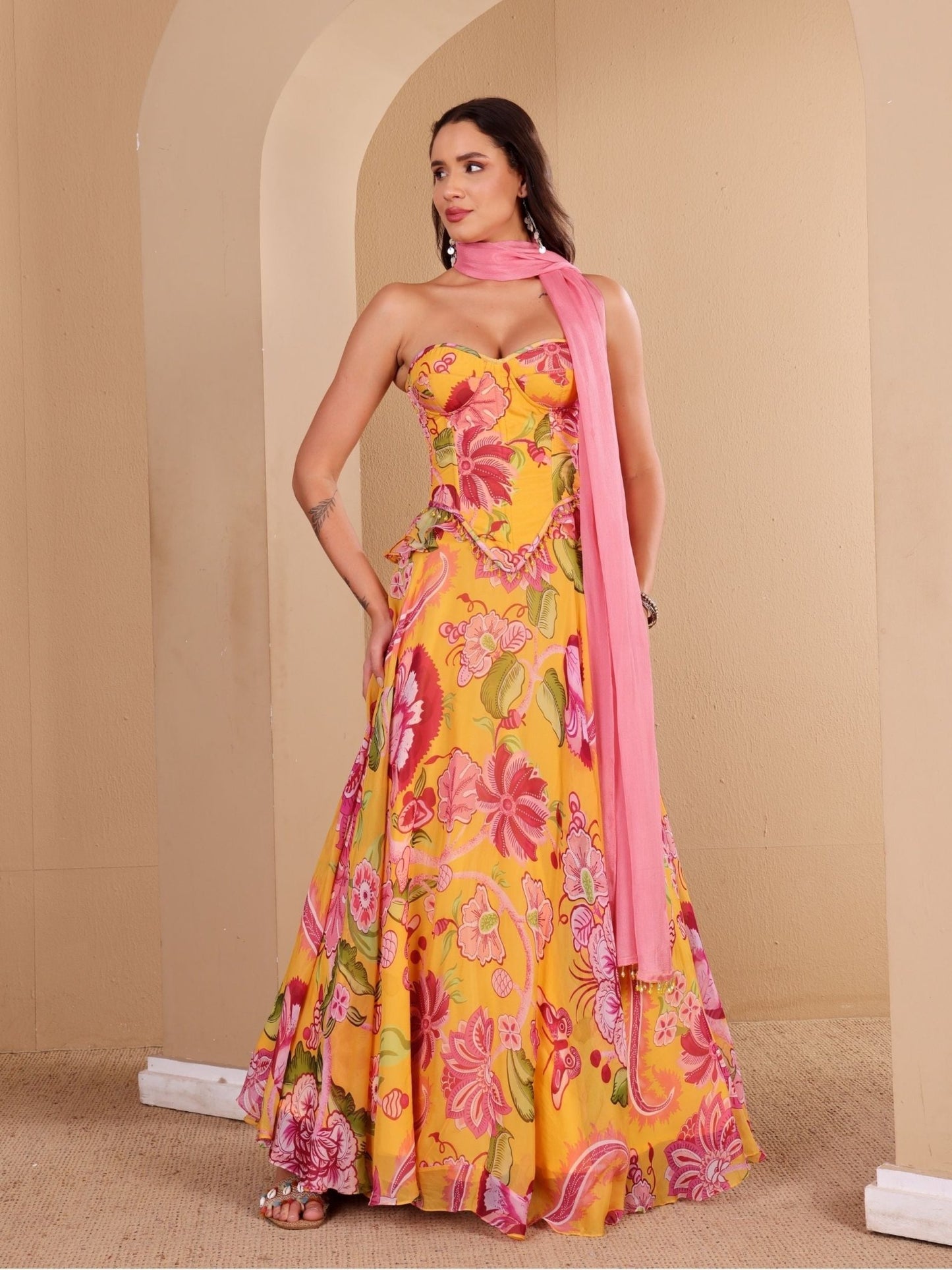 Yellow Printed Corset Lehenga Set - truzee