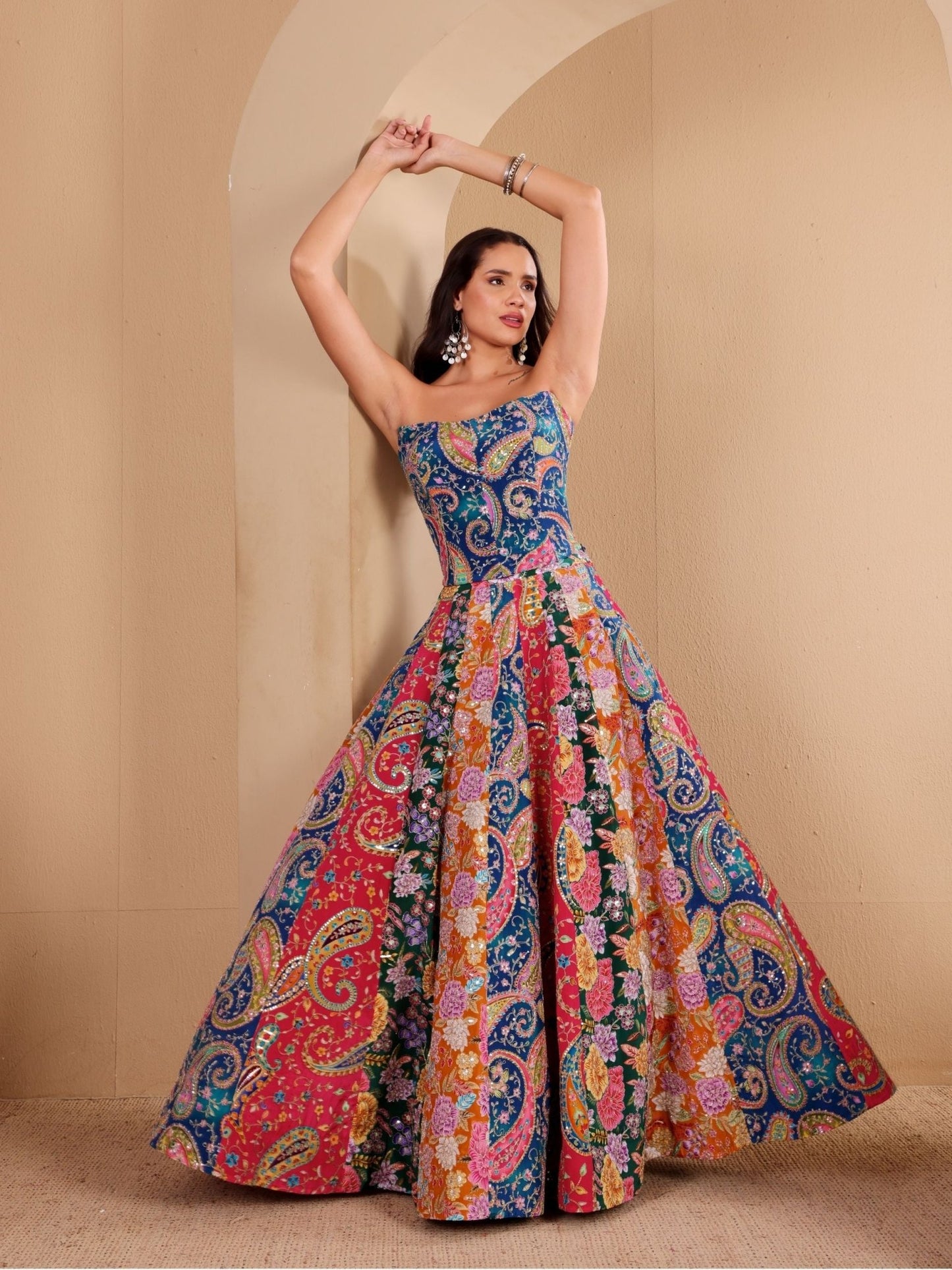 Multicoloured Embroidered Corset Lehenga Set - truzee