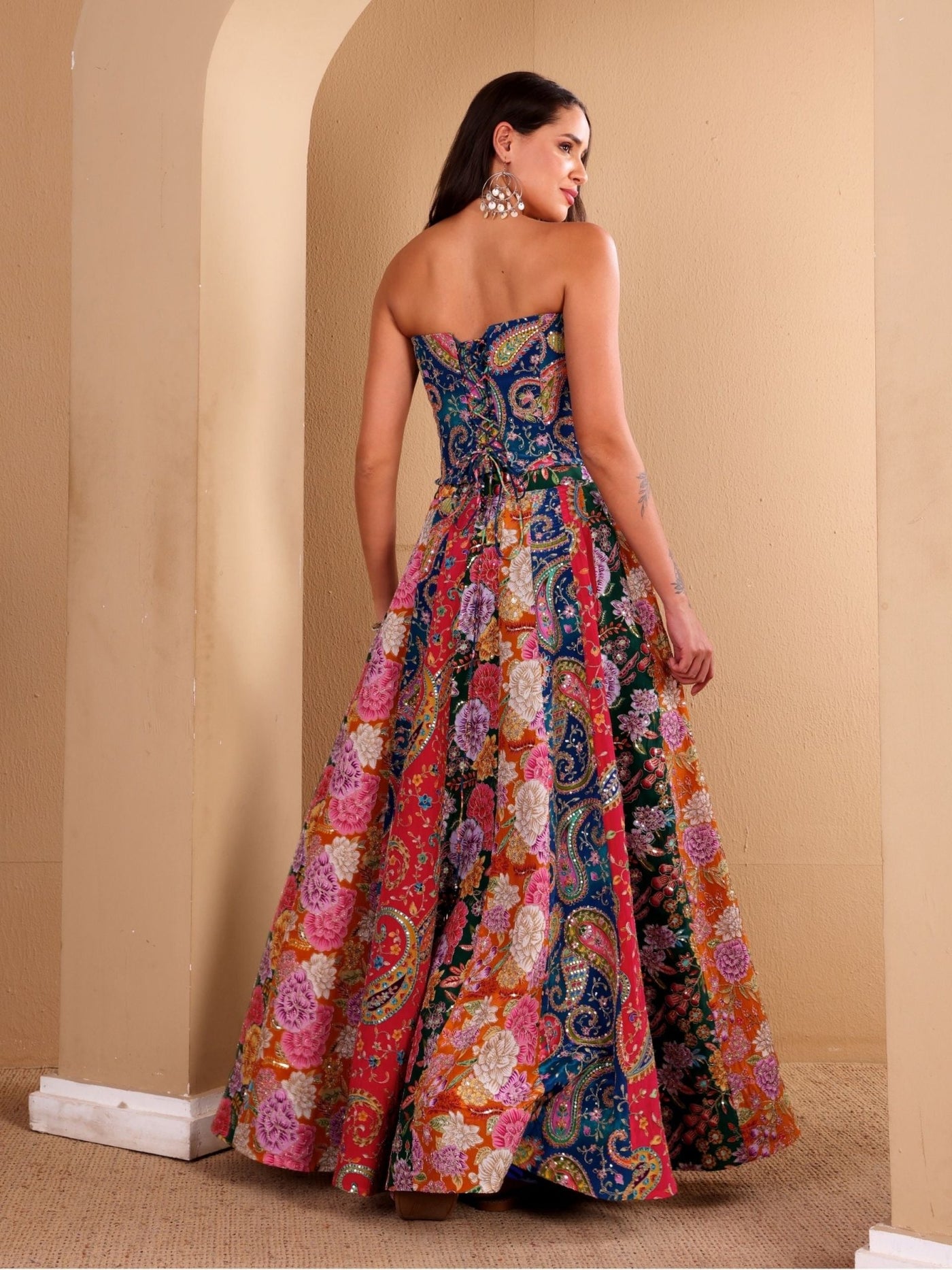 Multicoloured Embroidered Corset Lehenga Set - truzee