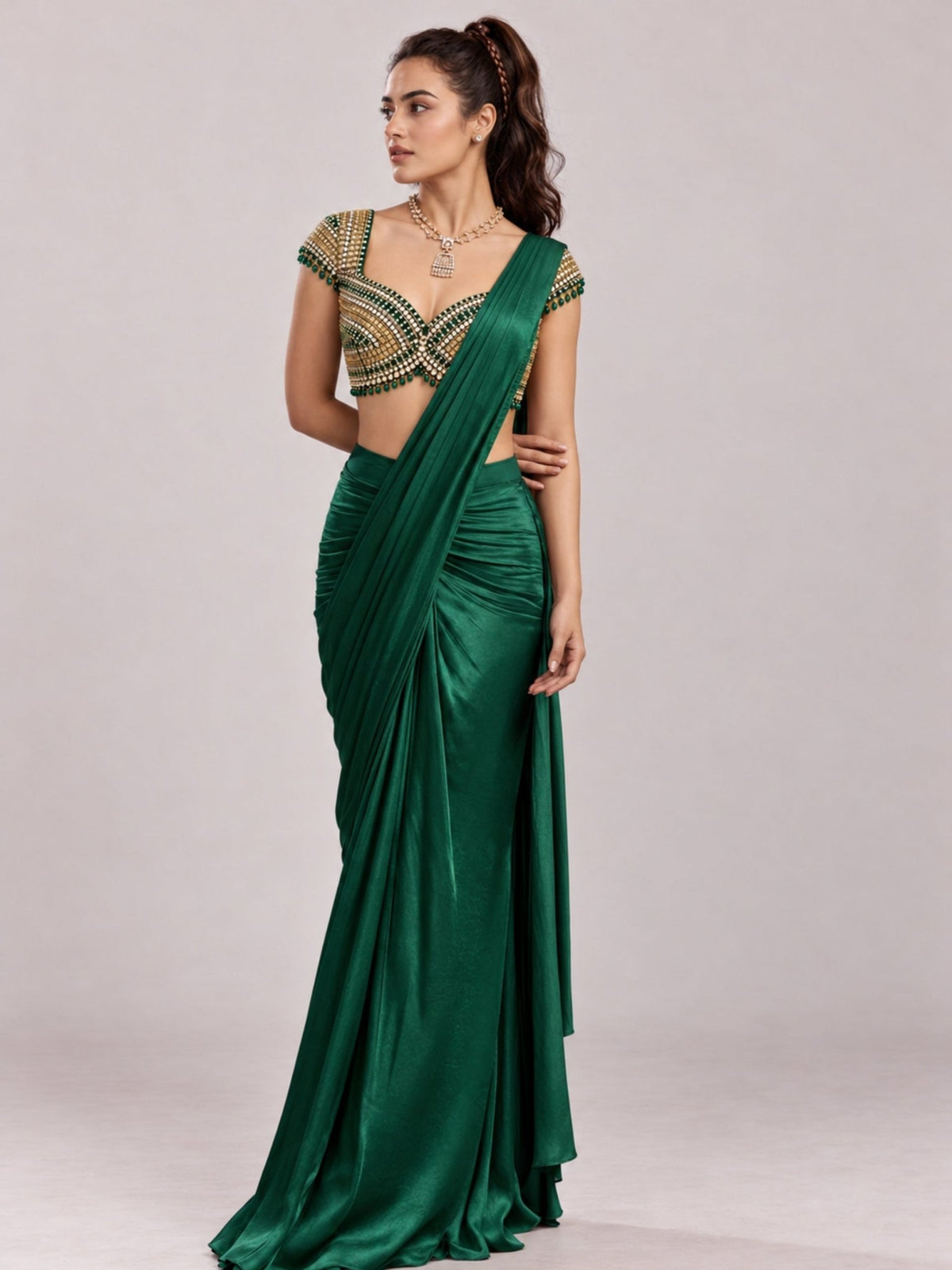 Panna - Kundan Jadau Saree Set - truzee