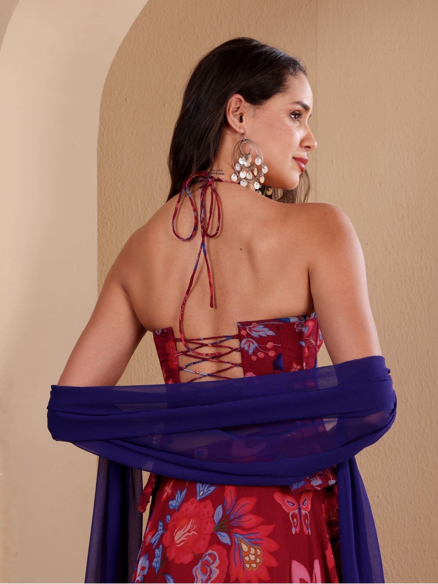 Maroon Printed Corset Lehenga Set - truzee