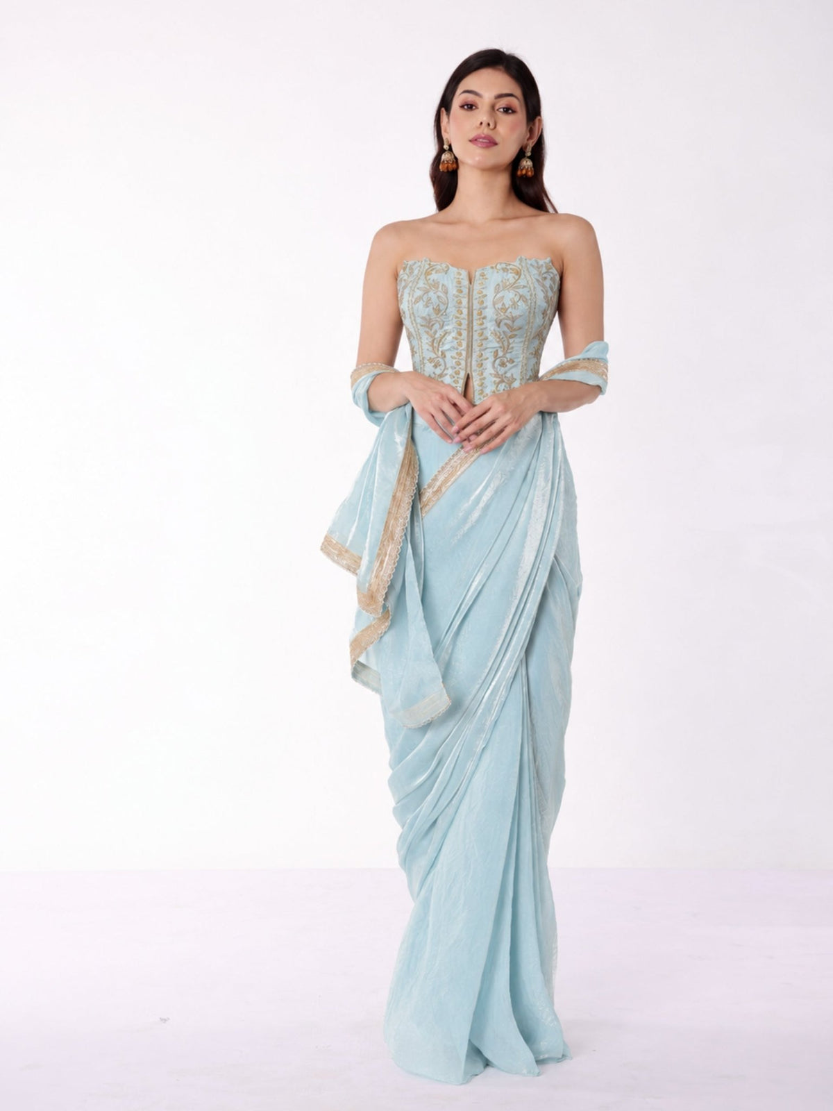 Kashmir Sky Set - Embroidered Corset with Saree - truzee