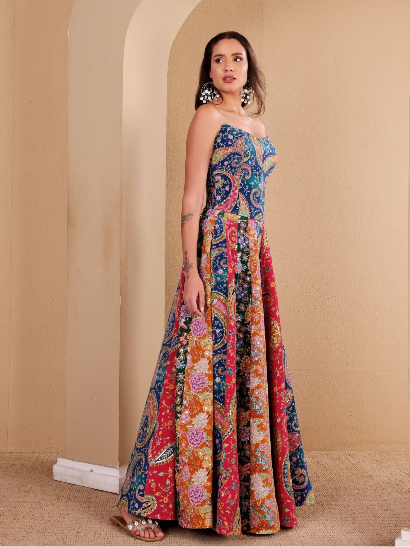Multicoloured Embroidered Corset Lehenga Set - truzee