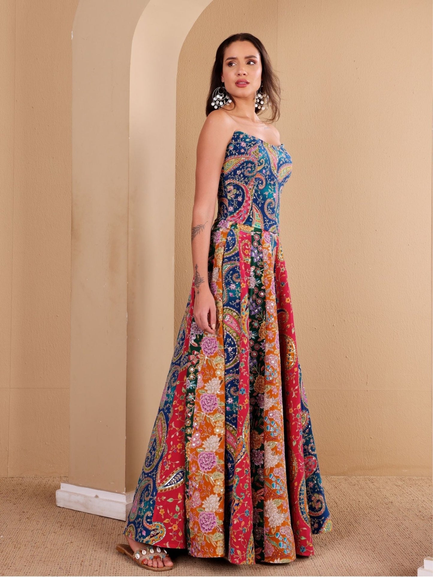 Multicoloured Embroidered Corset Lehenga Set - truzee