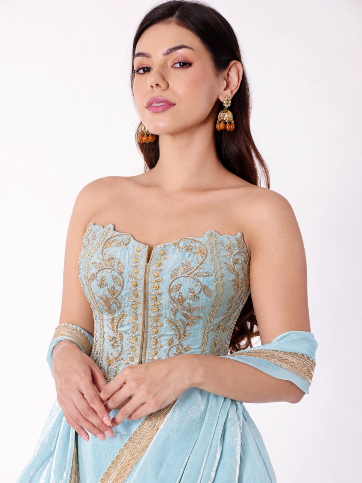 Kashmir Sky Set - Embroidered Corset with Saree - truzee
