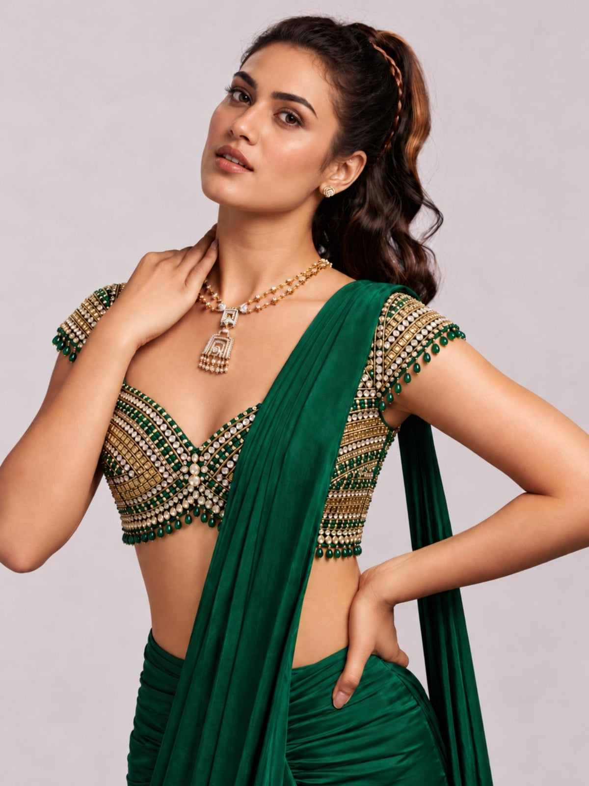 Panna - Kundan Jadau Saree Set - truzee