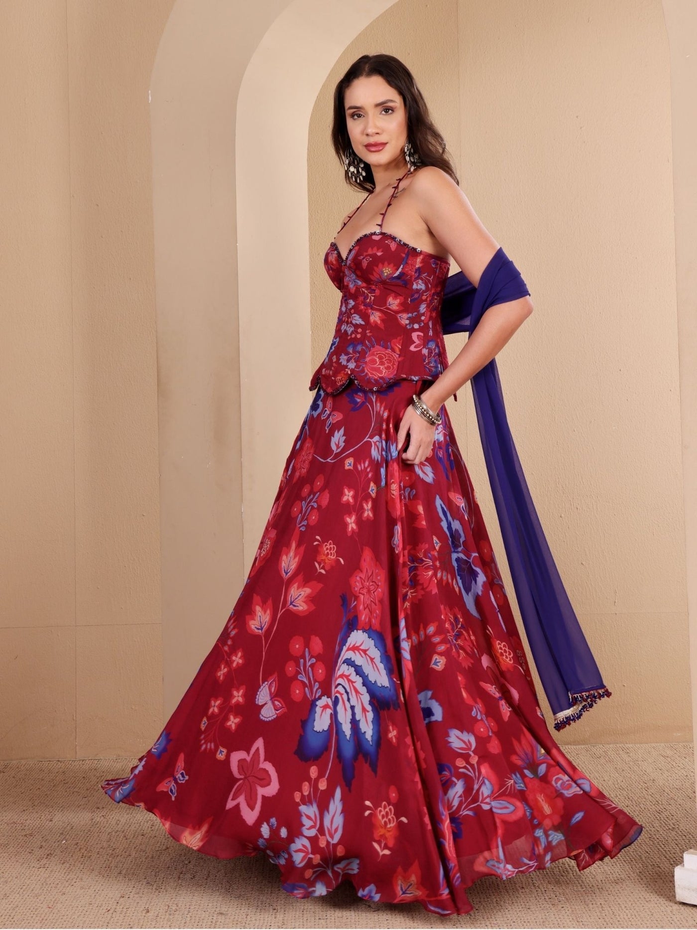 Maroon Printed Corset Lehenga Set - truzee