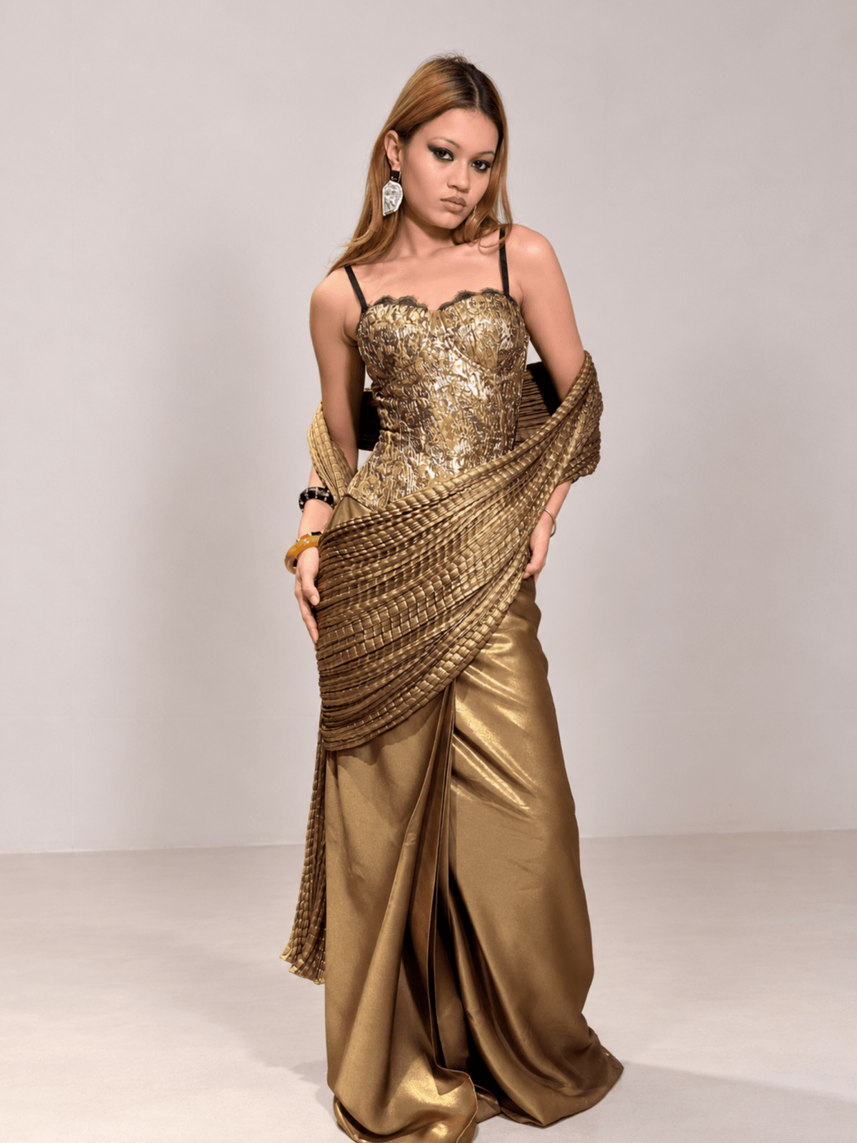 Kenza - Golden Textured Corset Saree Set - truzee