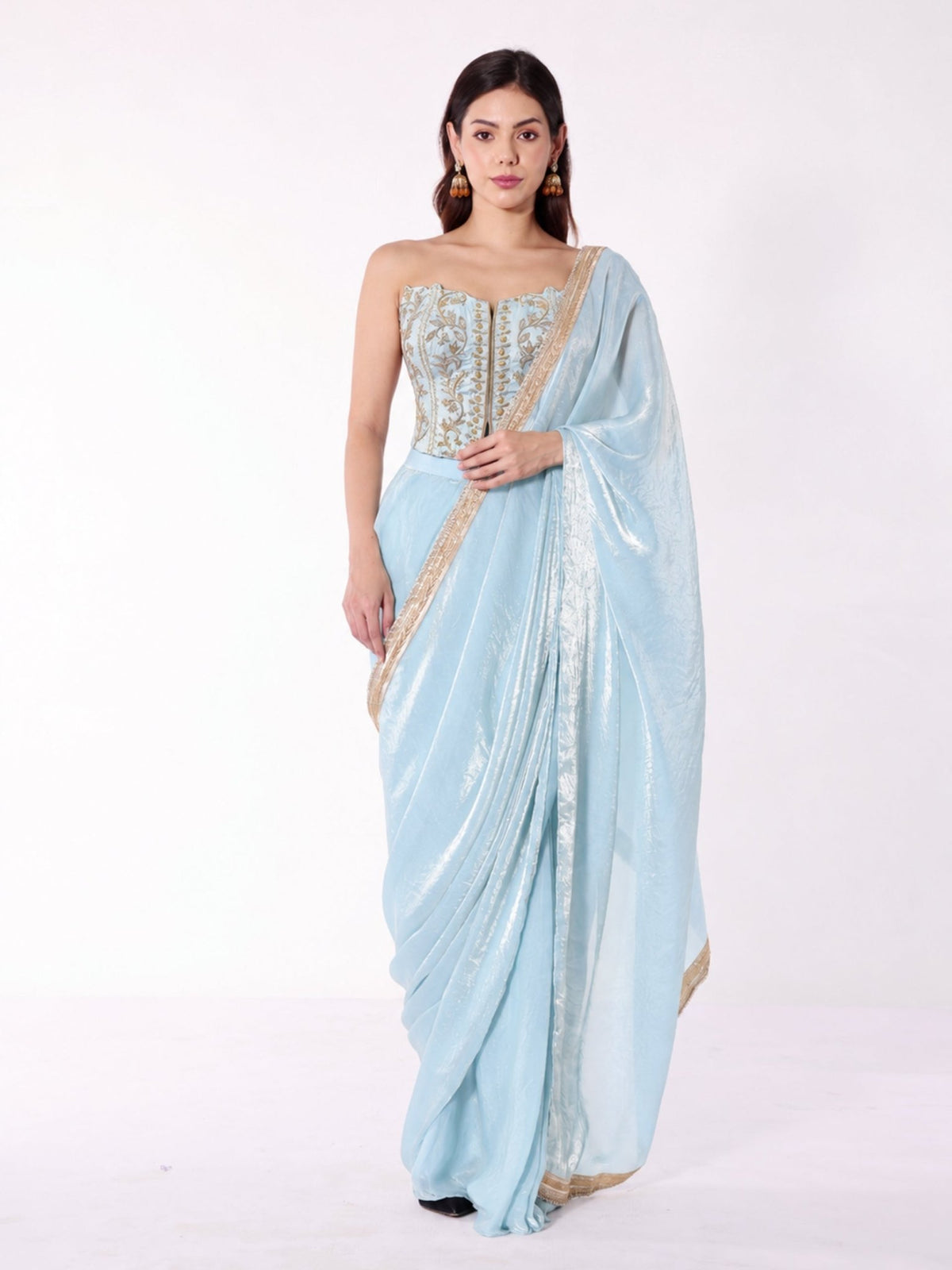 Kashmir Sky Set - Embroidered Corset with Saree - truzee