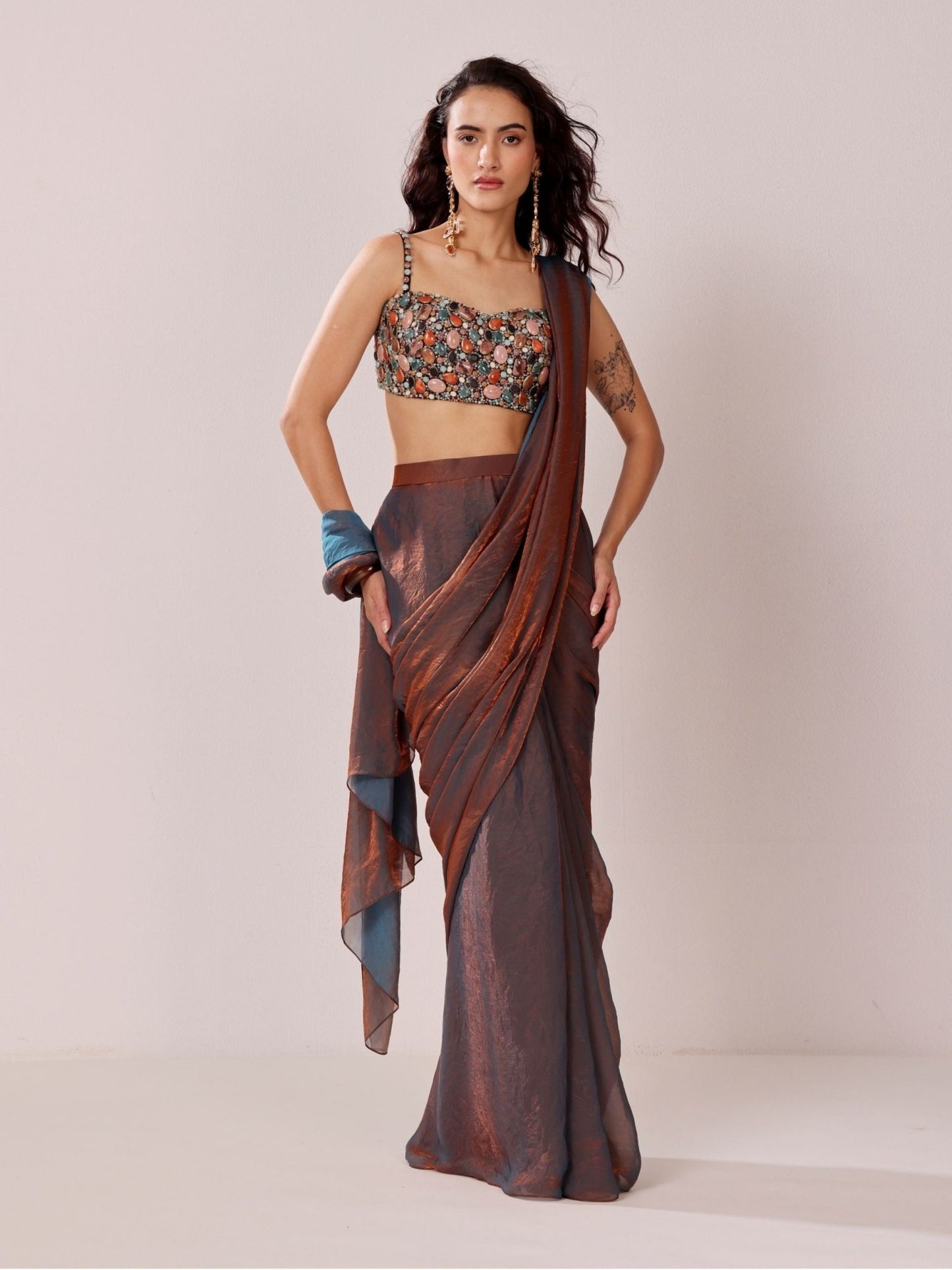 Bronze Ember -Stone embellished blouse and Saree Set - truzee