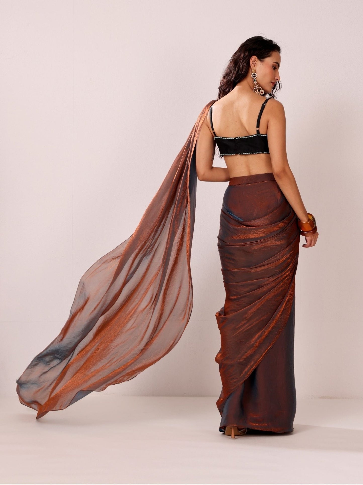 Bronze Ember -Stone embellished blouse and Saree Set - truzee