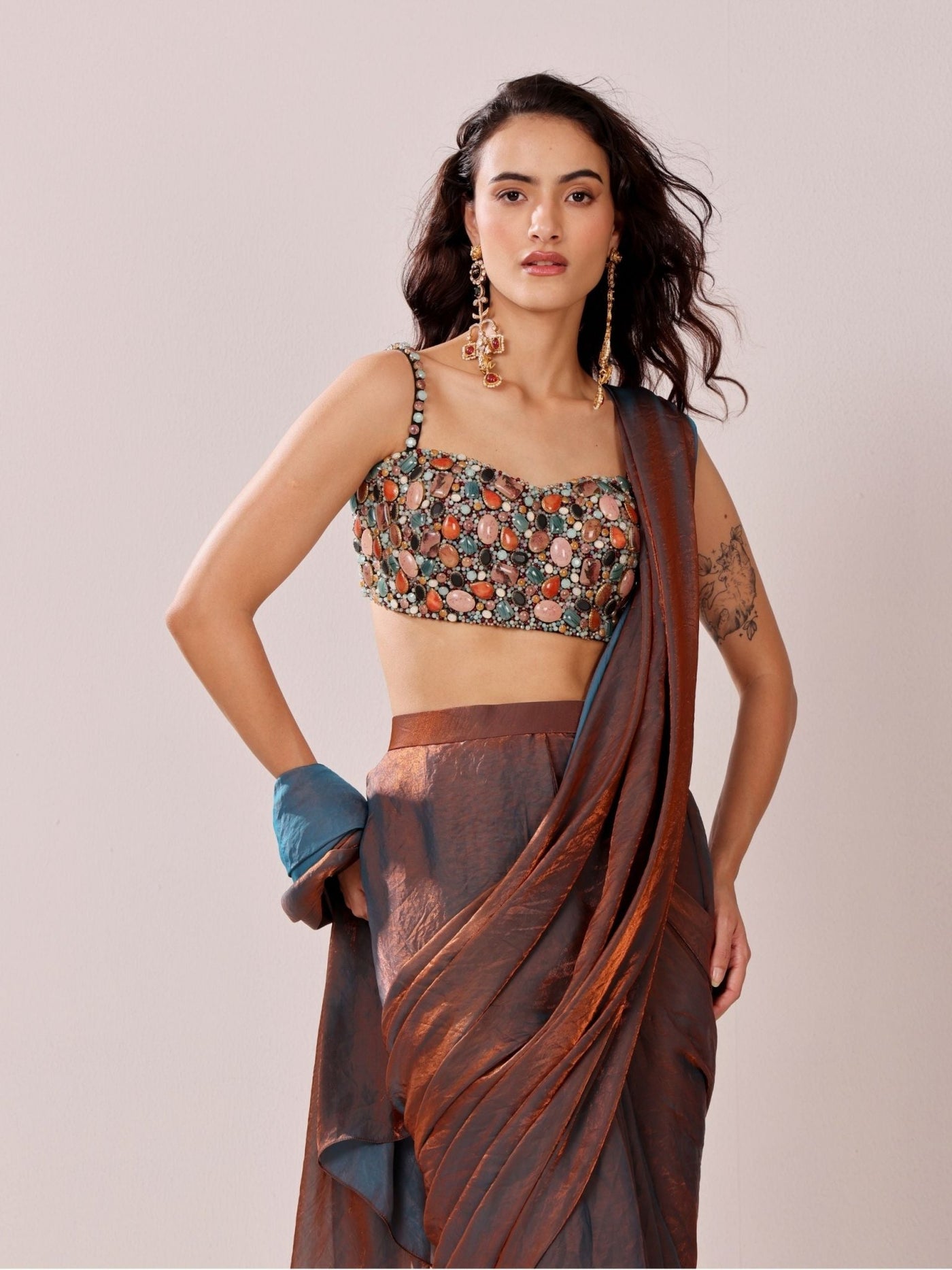 Bronze Ember -Stone embellished blouse and Saree Set - truzee