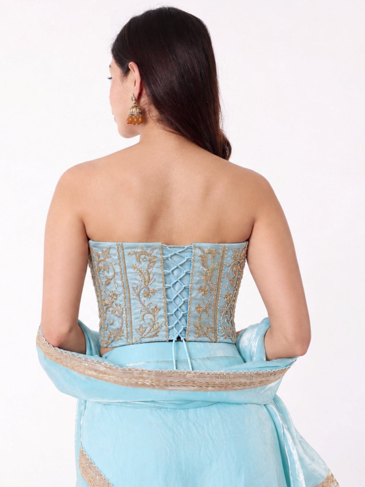 Kashmir Sky Set - Embroidered Corset with Saree - truzee