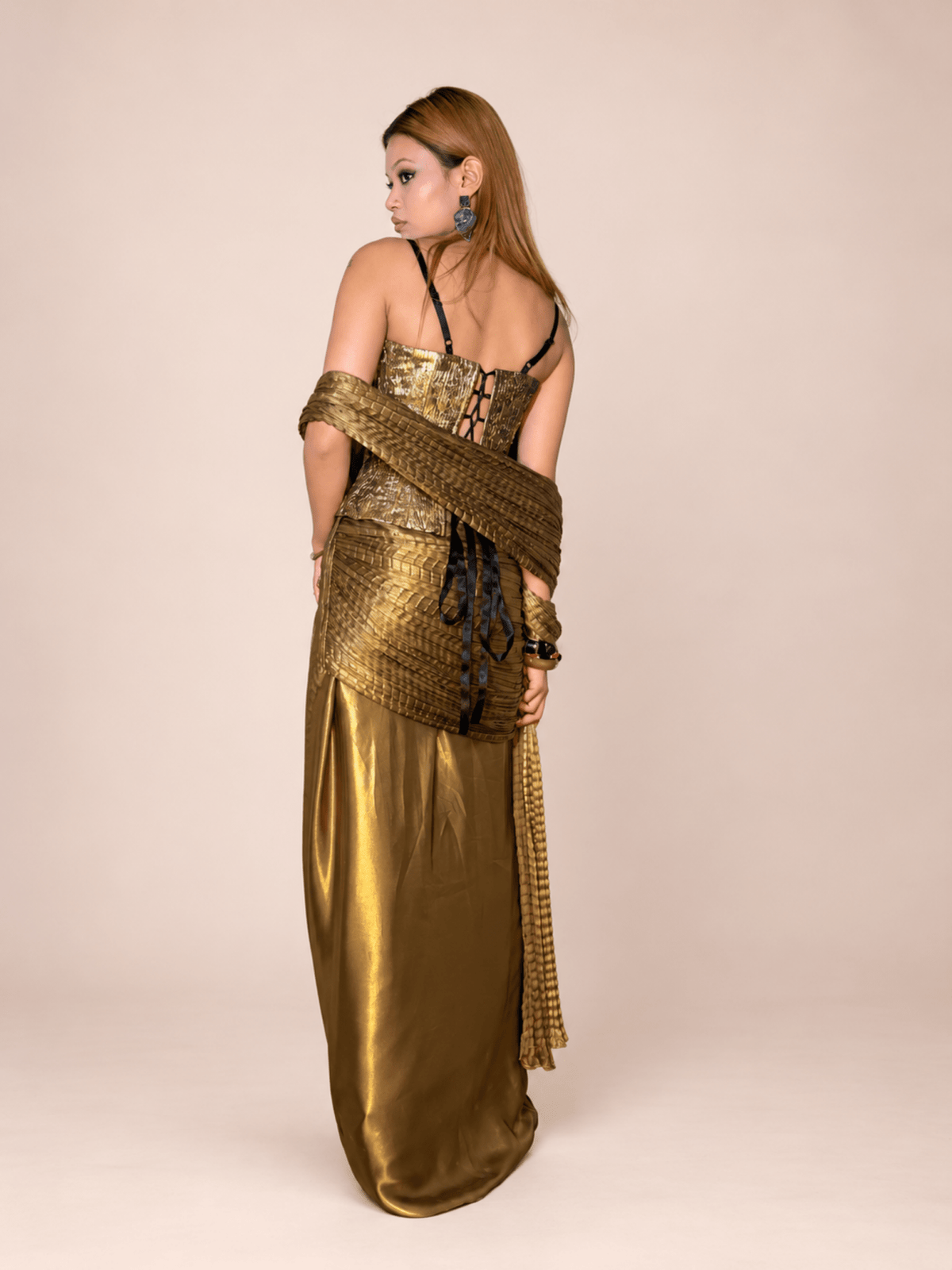 Kenza - Golden Textured Corset Saree Set - truzee