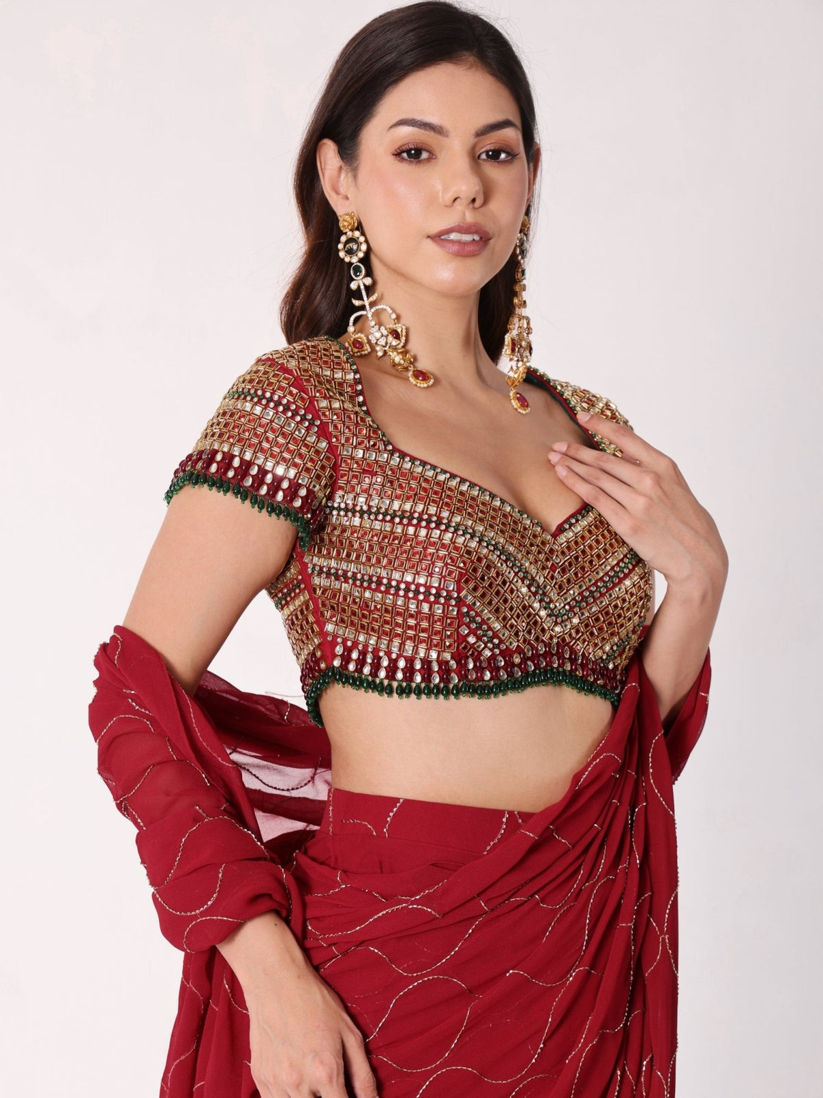 Mosaic Jadau Blouse Saree Set - truzee