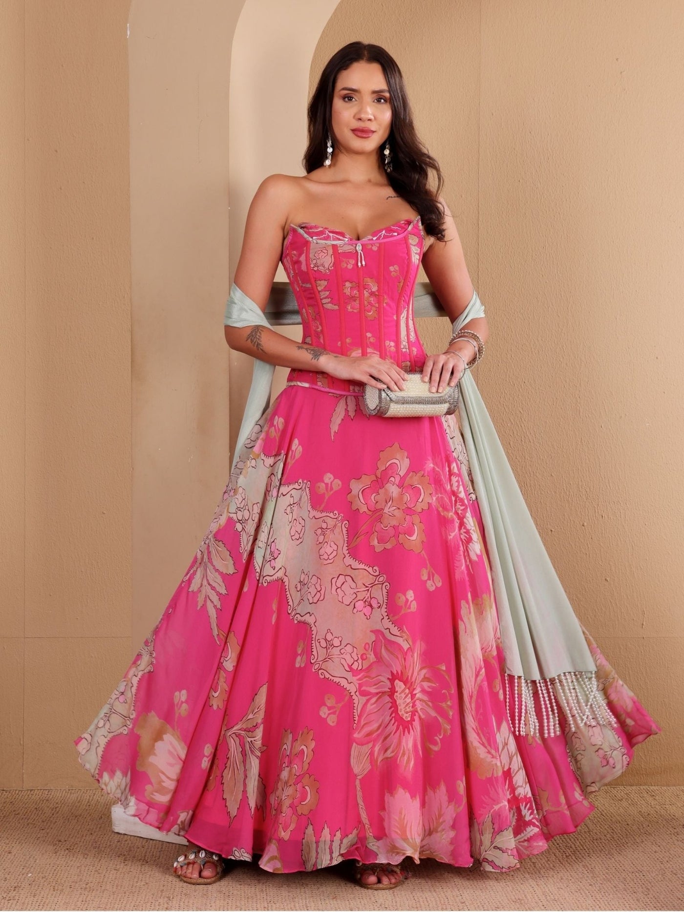 Pink Printed Corset Lehenga Set - truzee
