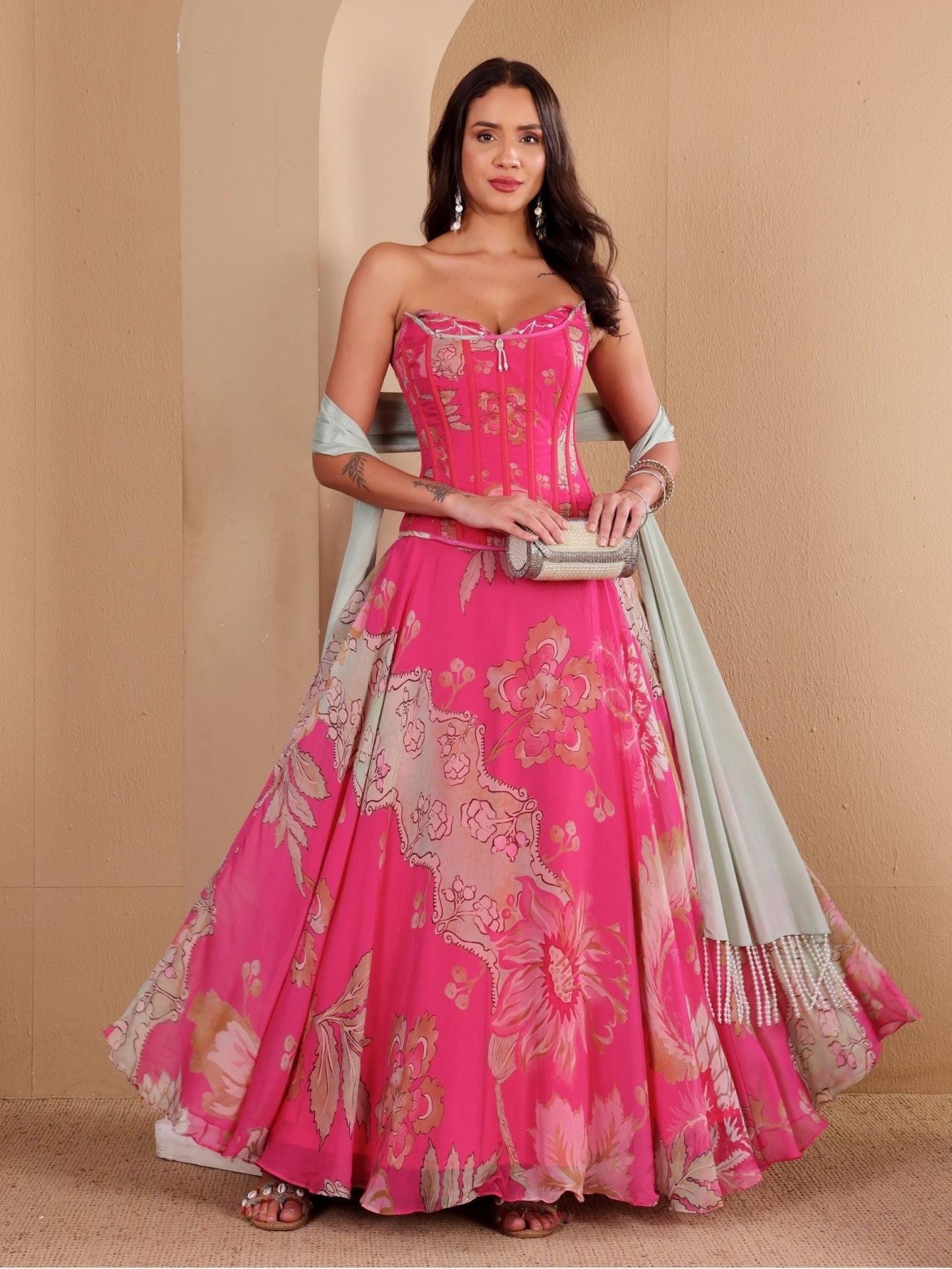 Pink Printed Corset Lehenga Set - truzee