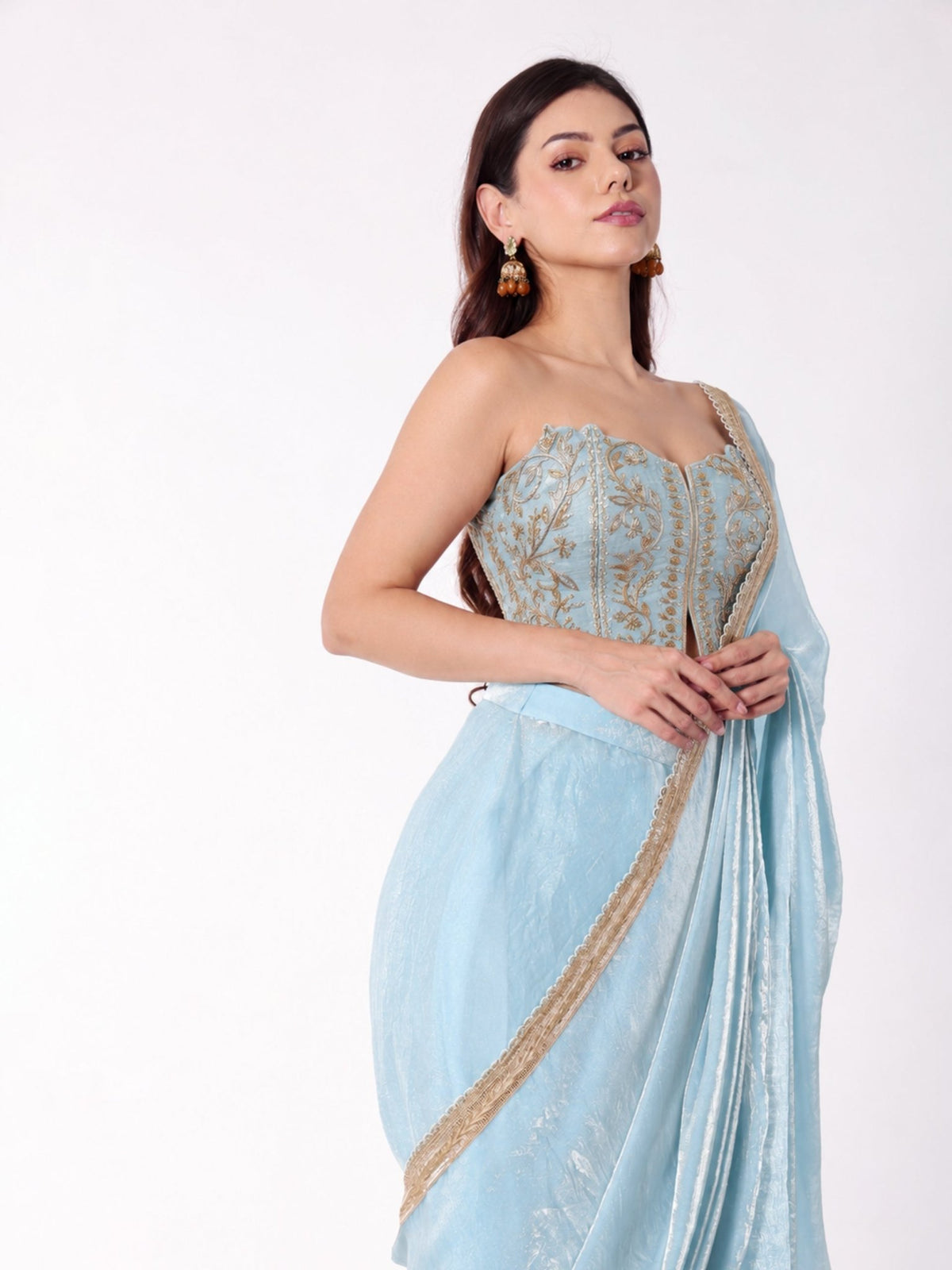 Kashmir Sky Set - Embroidered Corset with Saree - truzee