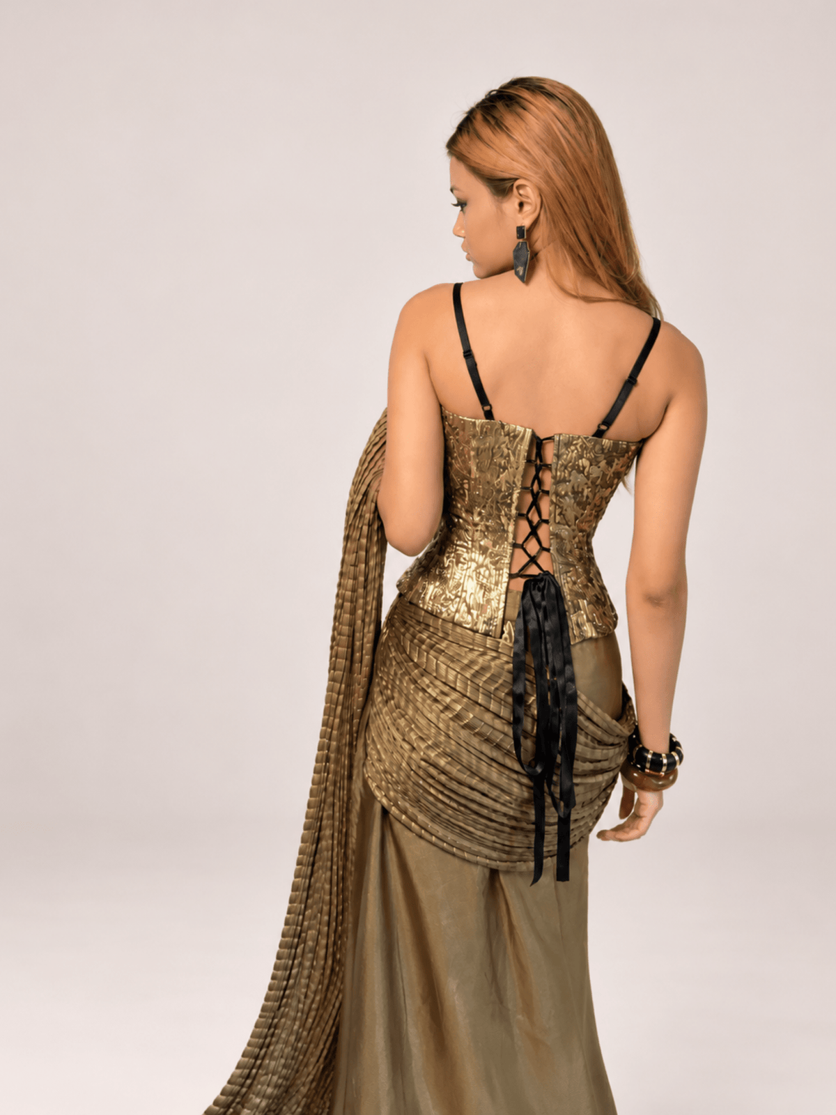 Kenza - Golden Textured Corset Saree Set - truzee