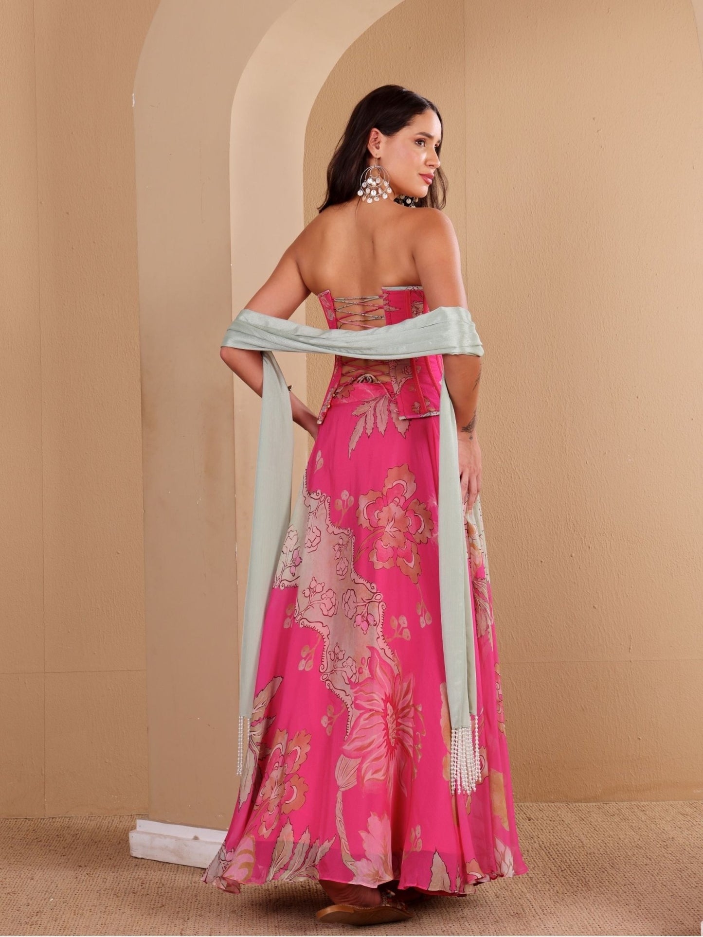 Pink Printed Corset Lehenga Set - truzee