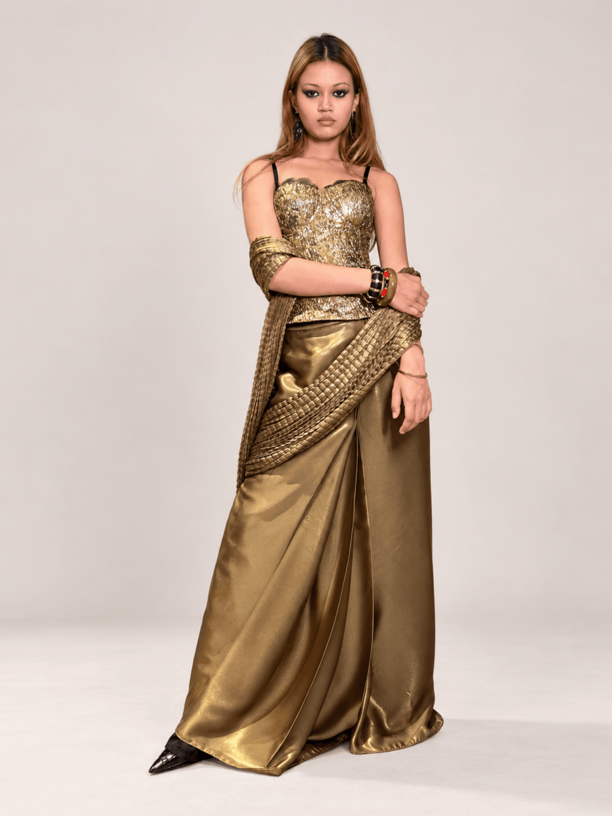 Kenza - Golden Textured Corset Saree Set - truzee