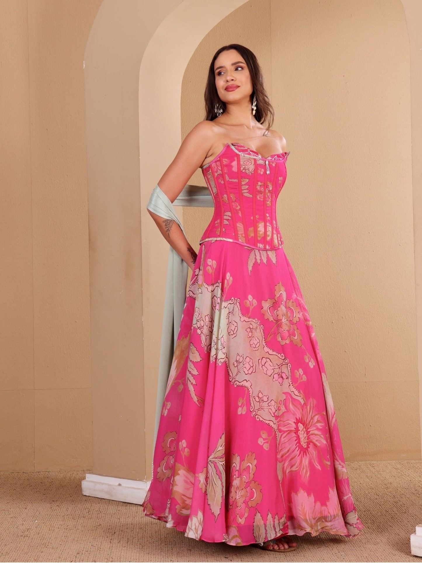 Pink Printed Corset Lehenga Set - truzee