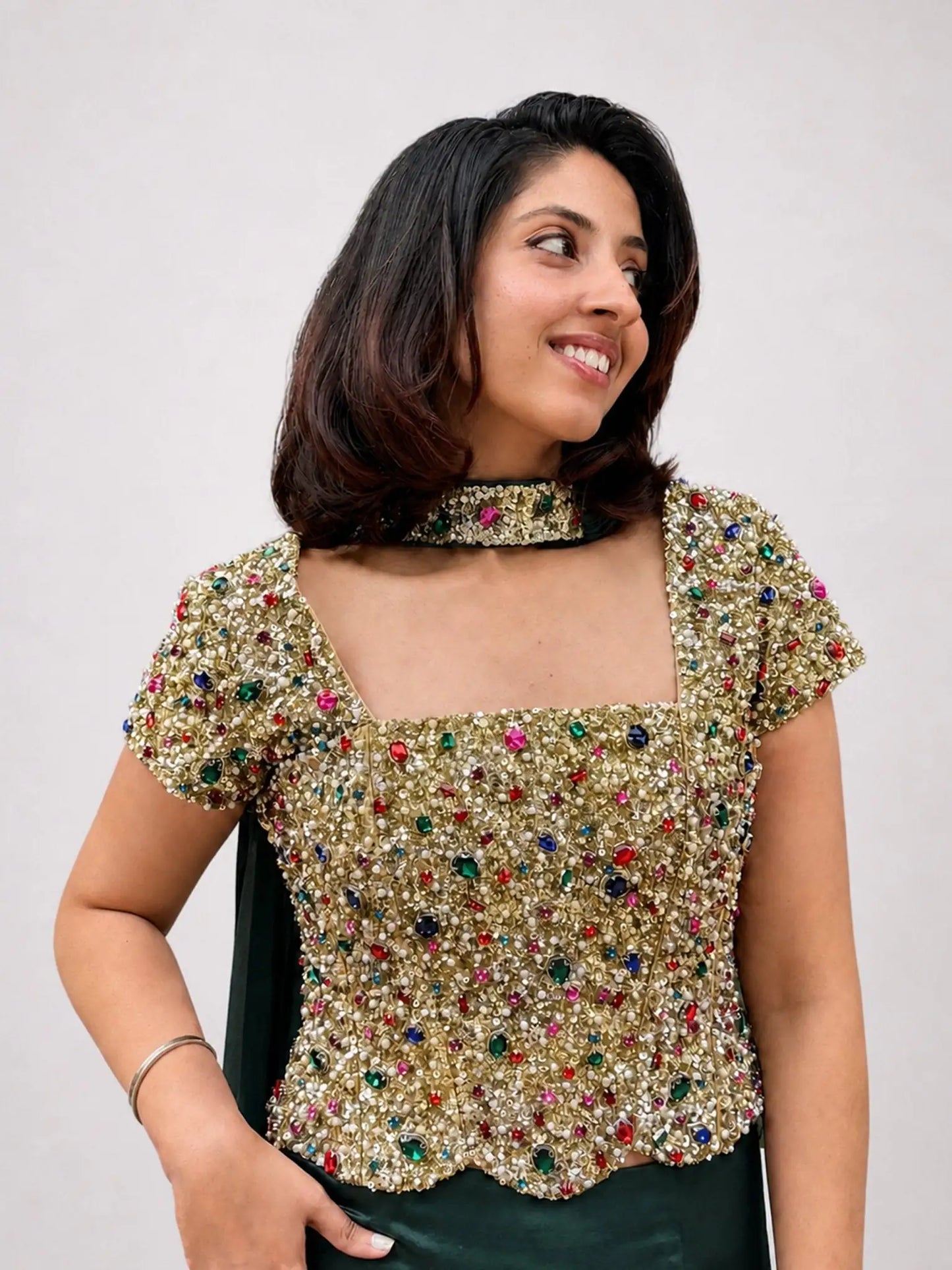 Raina – Champagne Gold Bejewelled Corset & Teal Skirt Set - truzee