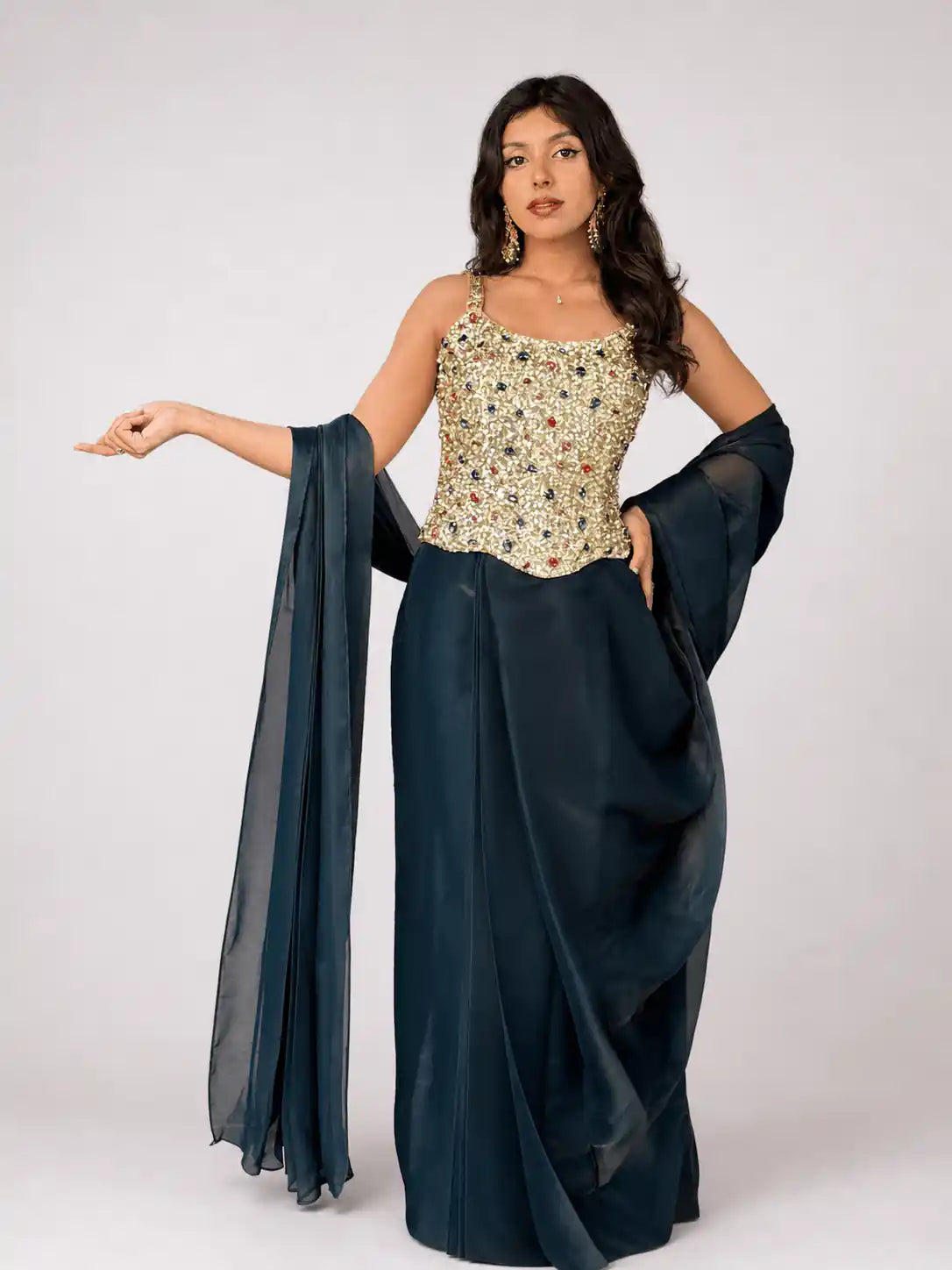 Ziya – Champagne Gold Bejewelled Corset Pre - Draped Saree Set - truzee