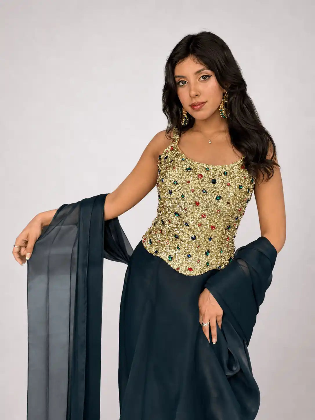Ziya – Champagne Gold Bejewelled Corset Pre - Draped Saree Set - truzee