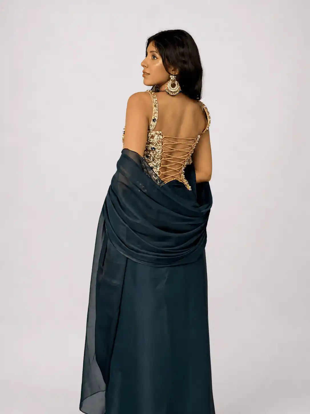 Ziya – Champagne Gold Bejewelled Corset Pre - Draped Saree Set - truzee