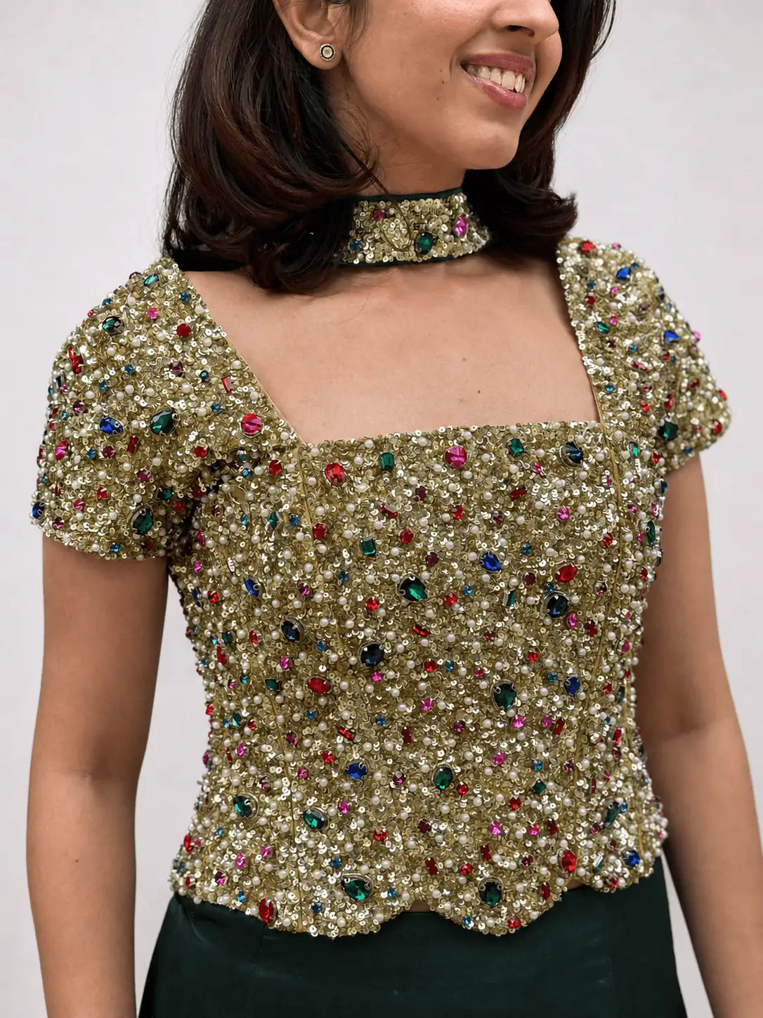 Raina – Champagne Gold Bejewelled Corset & Teal Skirt Set - truzee