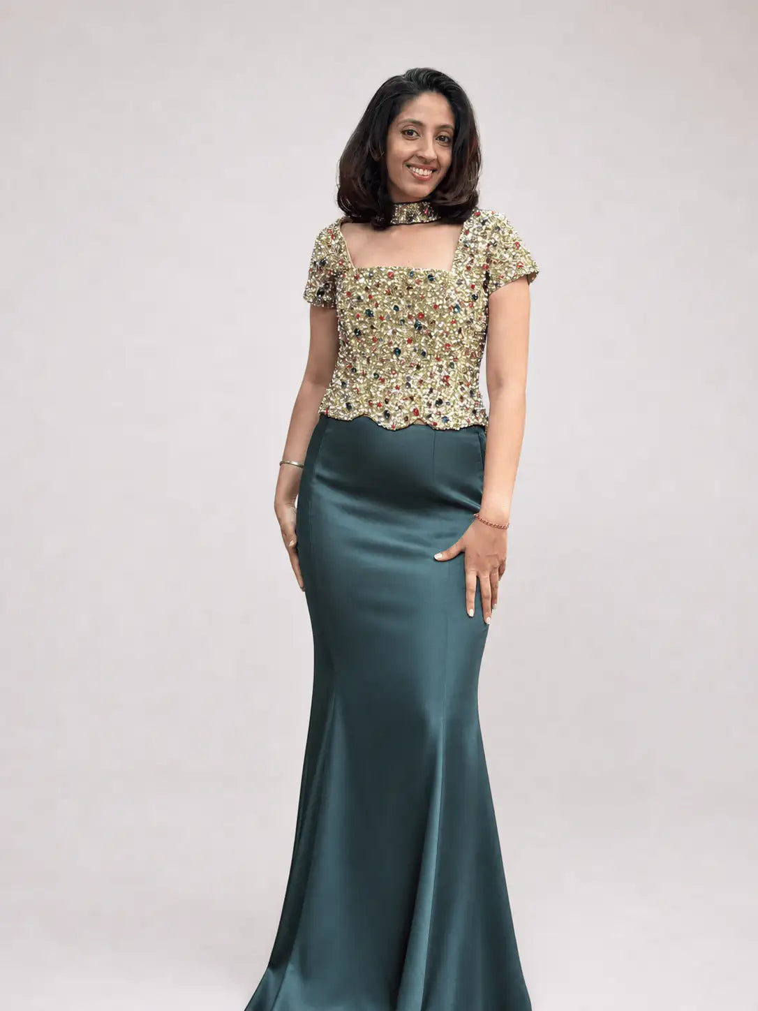 Raina – Champagne Gold Bejewelled Corset & Teal Skirt Set - truzee