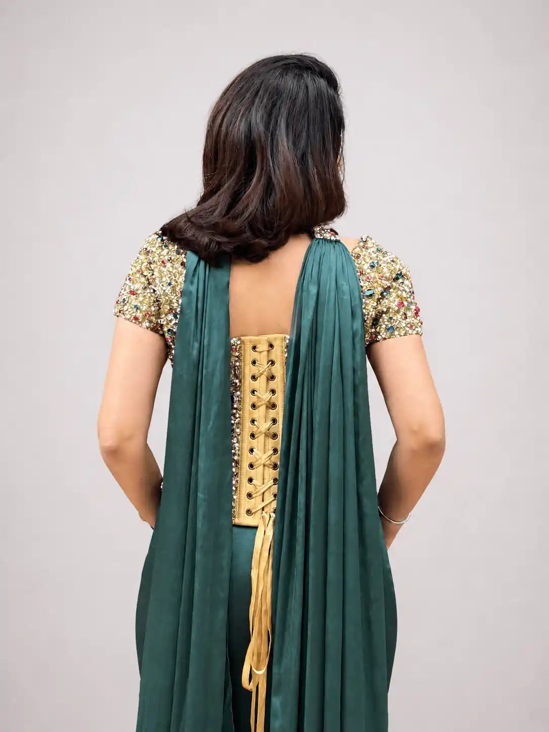 Raina – Champagne Gold Bejewelled Corset & Teal Skirt Set - truzee