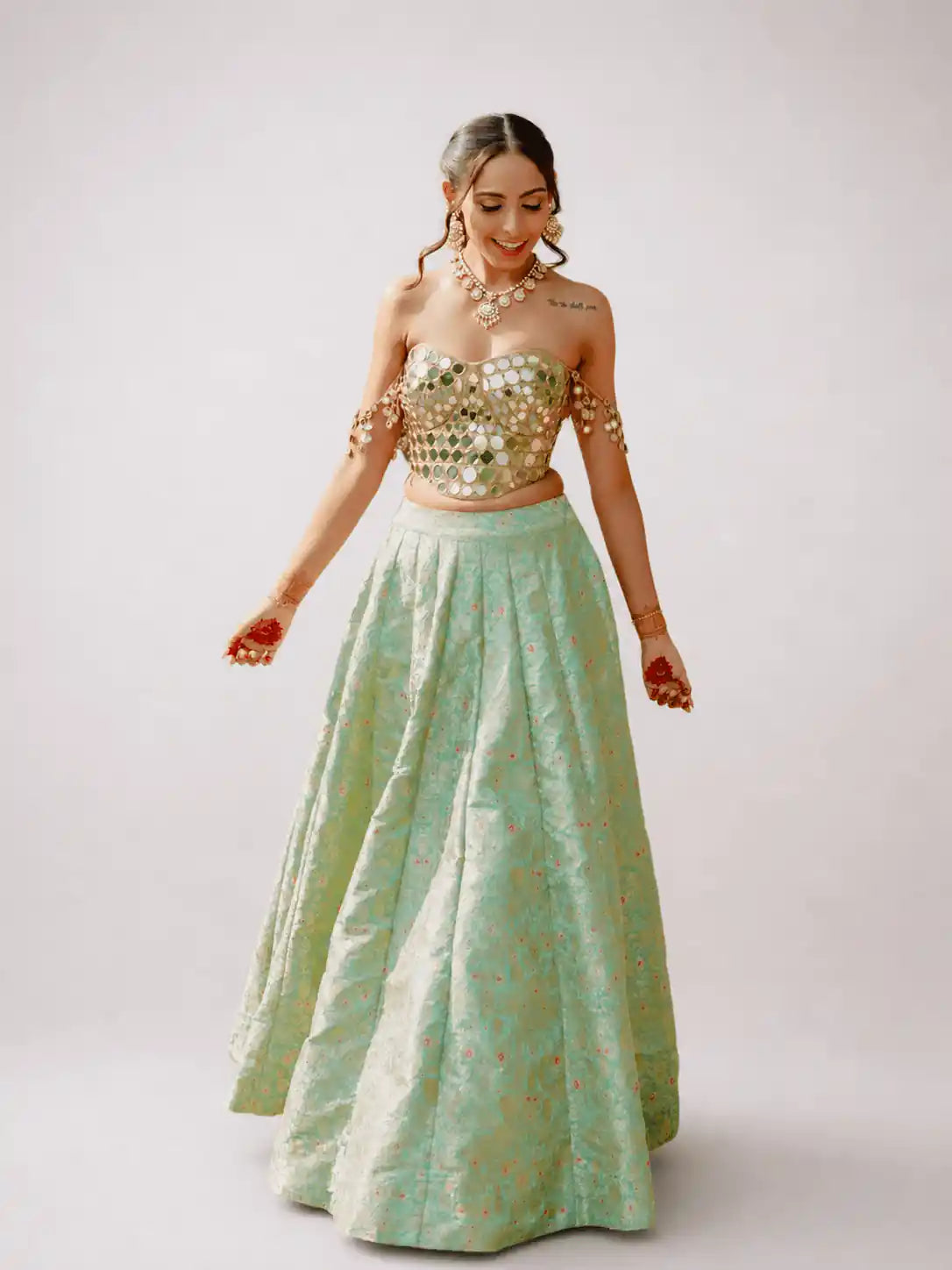 Zeenat – Mint Brocade Lehenga Set with Gold Mirror Corset - truzee