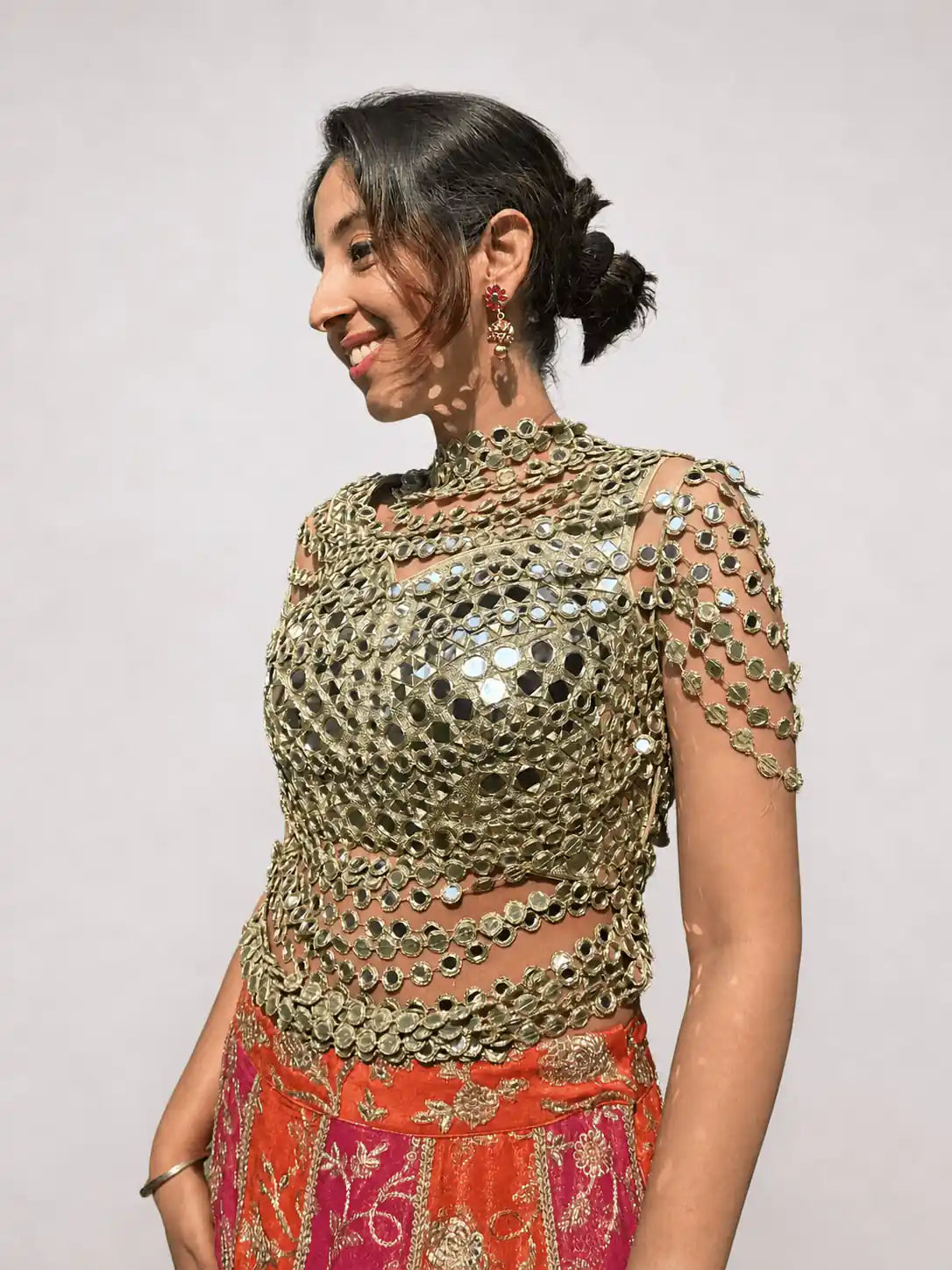 Noor Mesh Blouse – Antique Gold Mirror Work Blouse - truzee