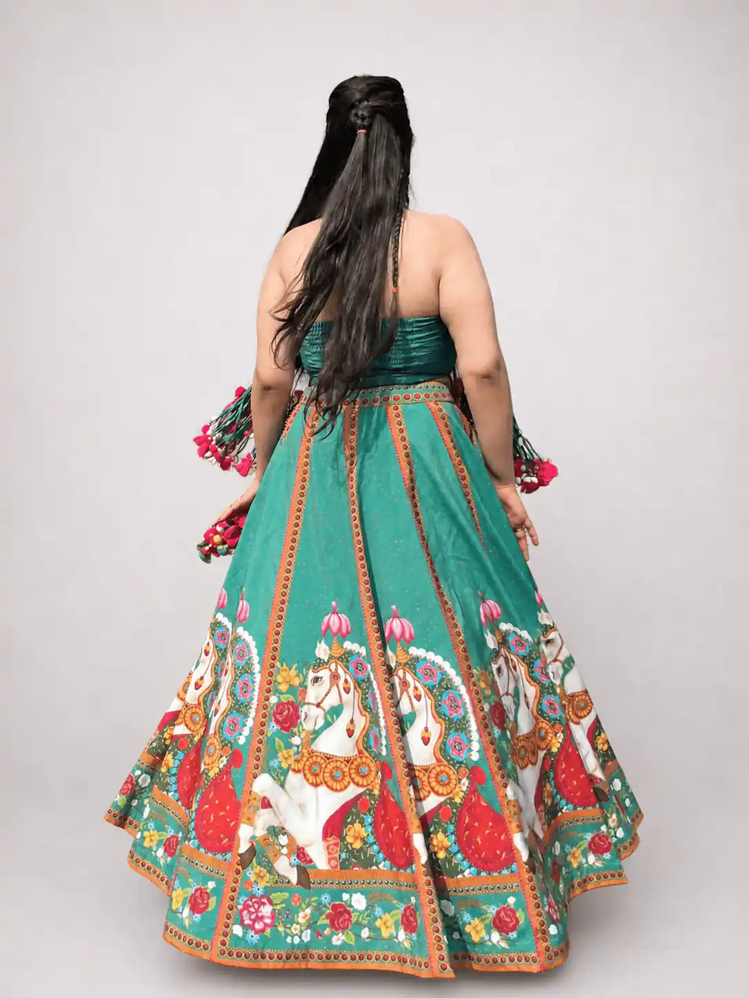 Feroza Fable – Turquoise Printed Lehenga Set with Fringe Cape - truzee