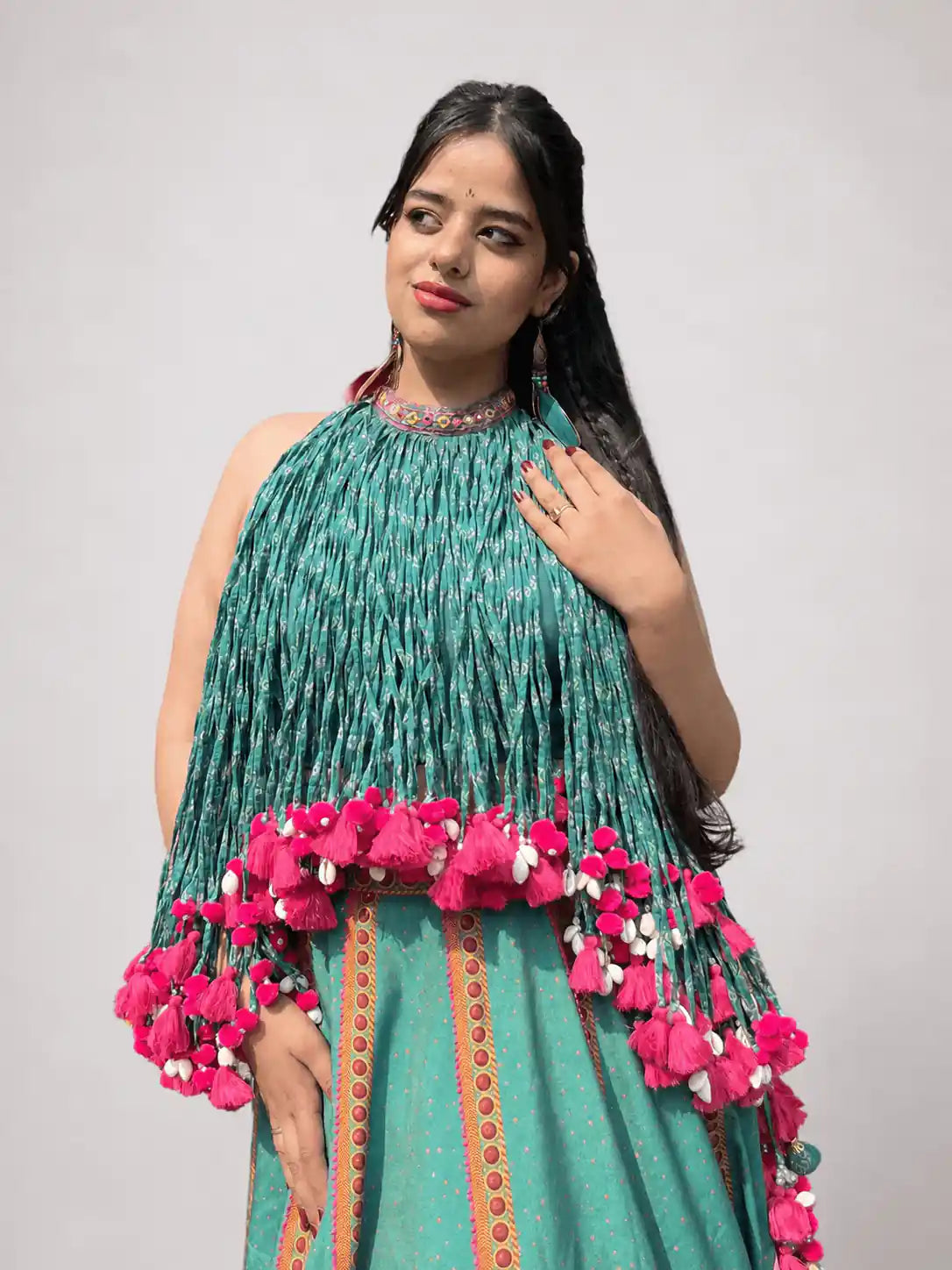 Feroza Fable – Turquoise Printed Lehenga Set with Fringe Cape - truzee