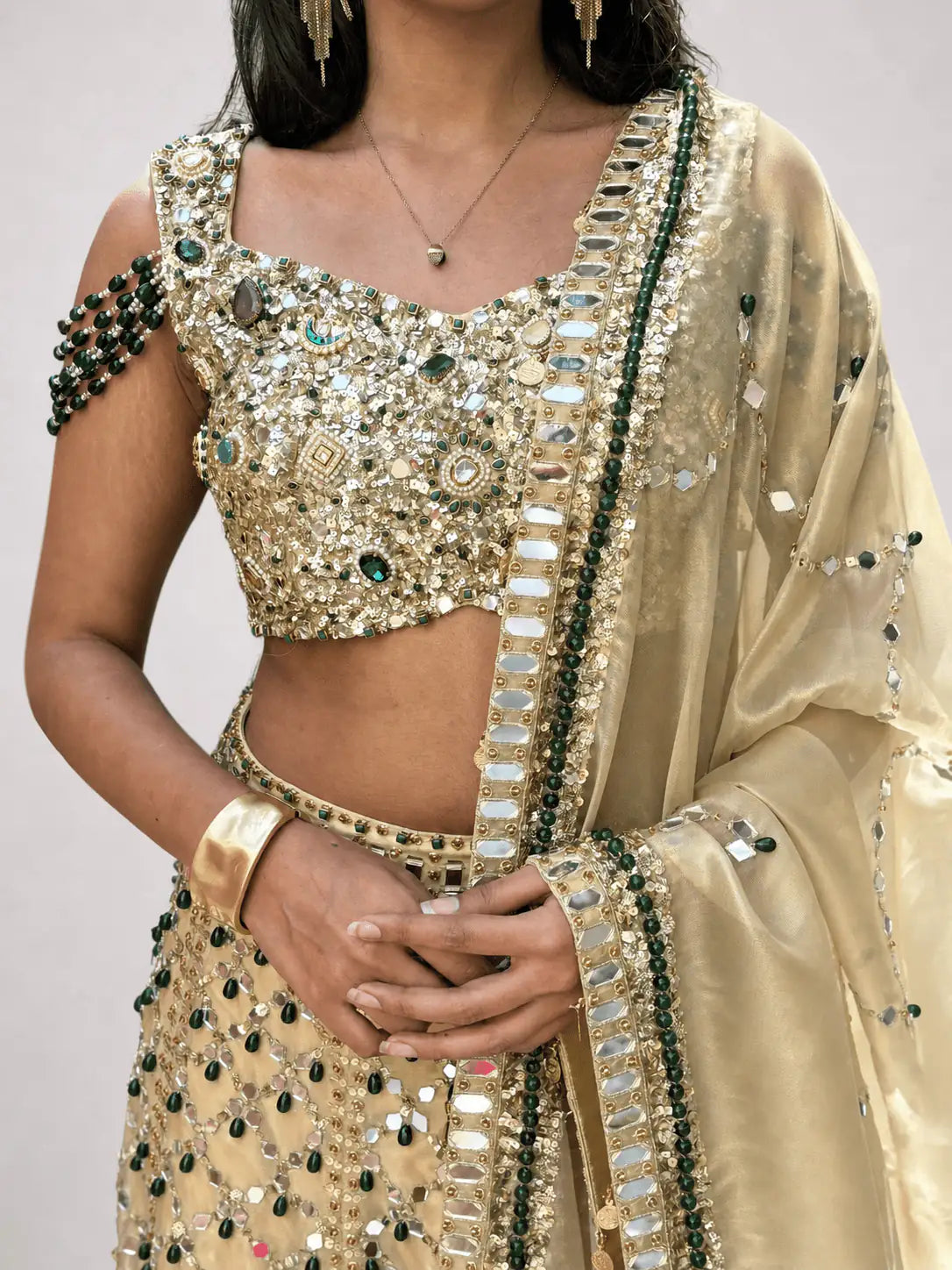 Aara – Tissue Gold Mirror Work Lehenga Set - truzee