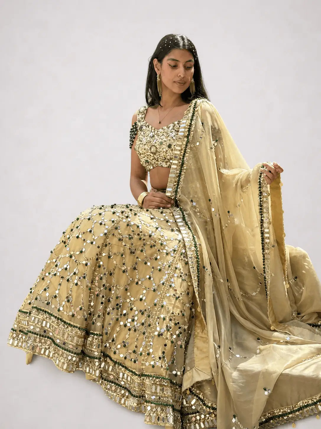 Aara – Tissue Gold Mirror Work Lehenga Set - truzee