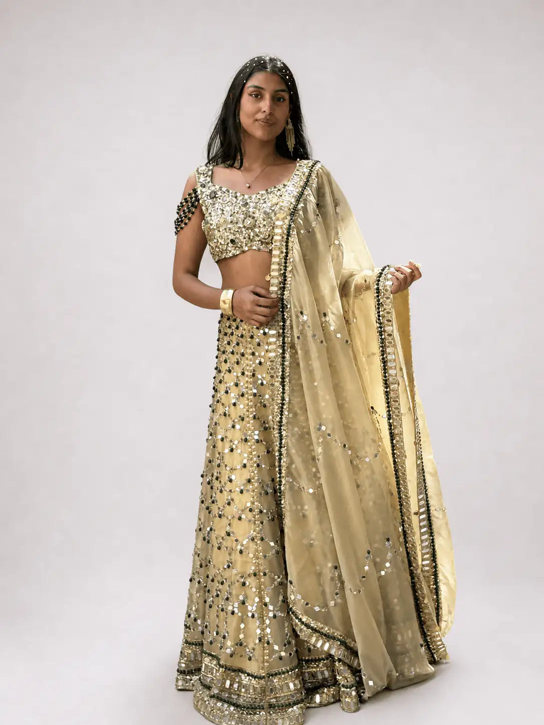 Aara – Tissue Gold Mirror Work Lehenga Set - truzee