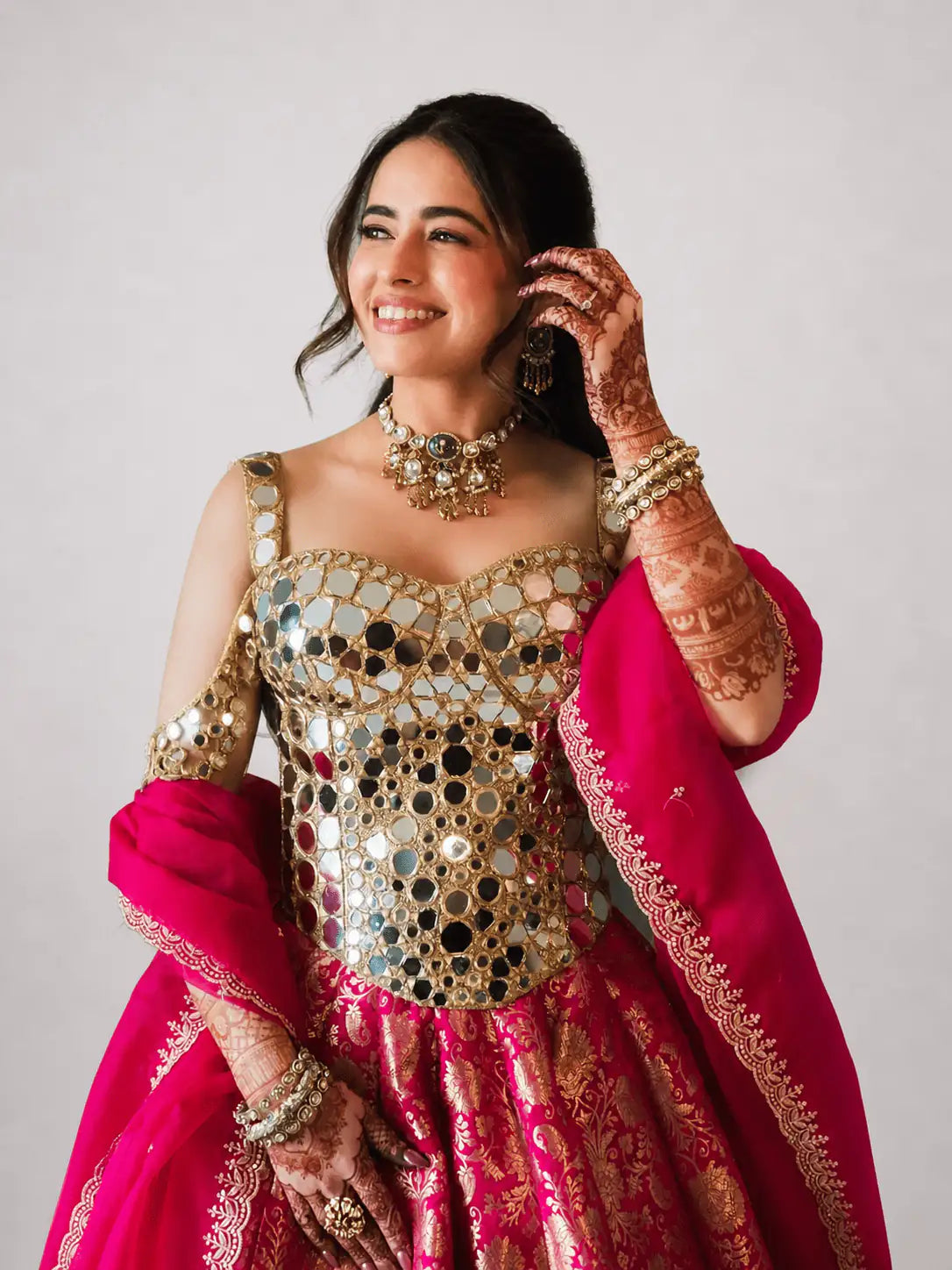 Gilded Gulab – Gold Mirror Corset & Gulab Pink Lehenga Set - truzee