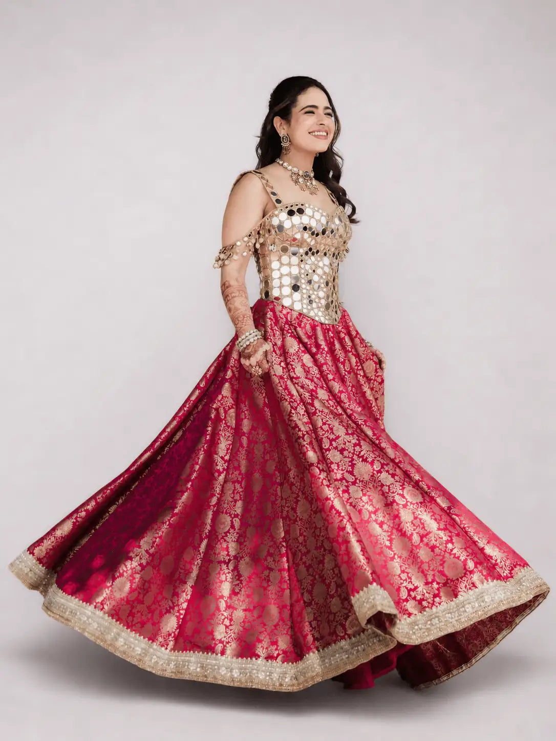 Gilded Gulab – Gold Mirror Corset & Gulab Pink Lehenga Set - truzee