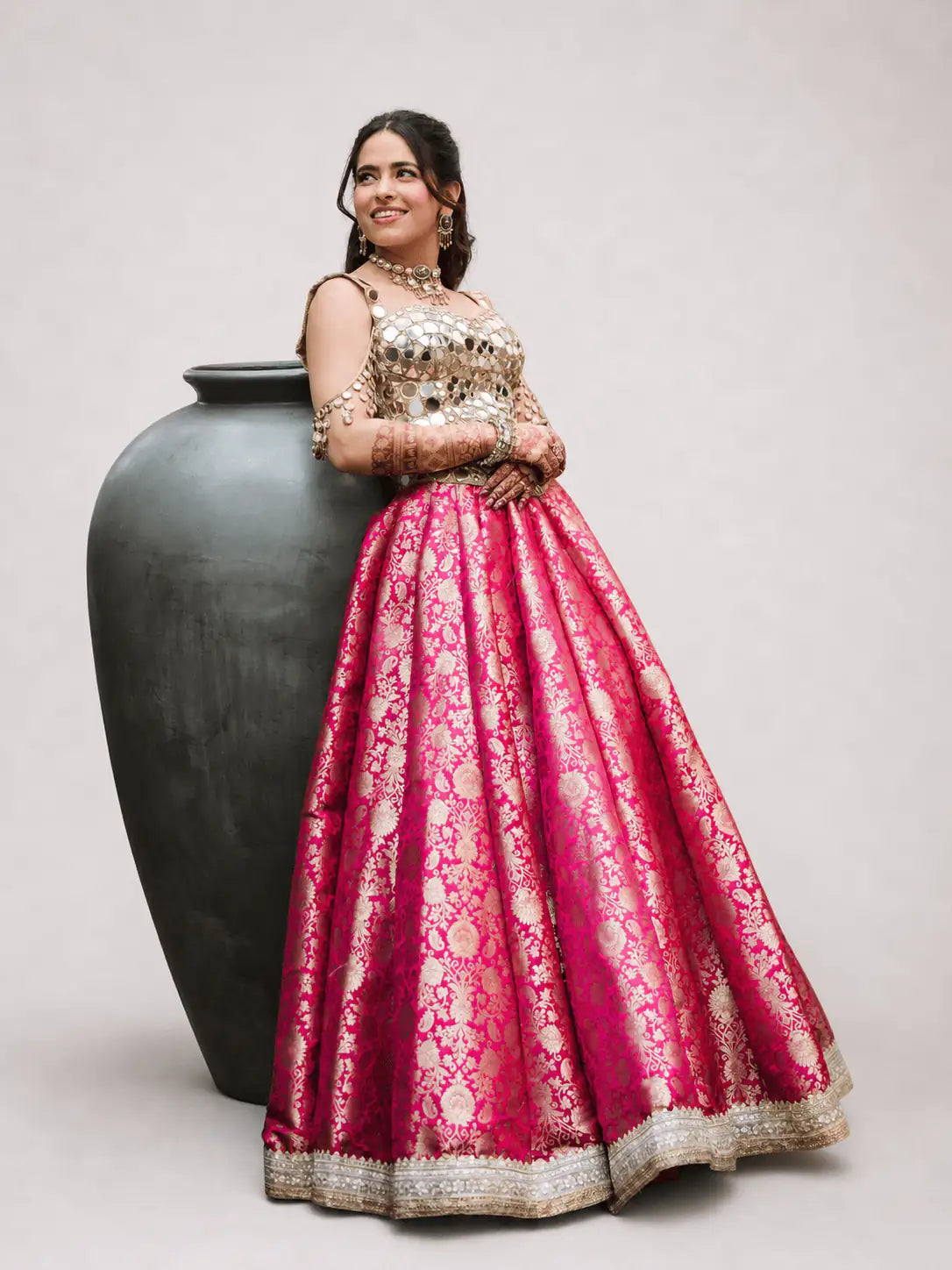 Gilded Gulab – Gold Mirror Corset & Gulab Pink Lehenga Set - truzee
