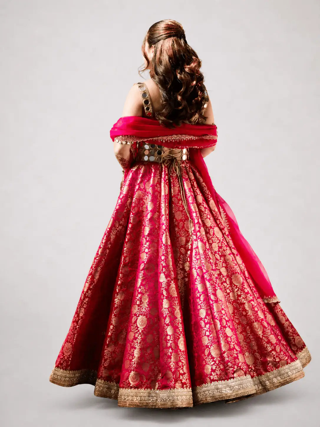 Gilded Gulab – Gold Mirror Corset & Gulab Pink Lehenga Set - truzee