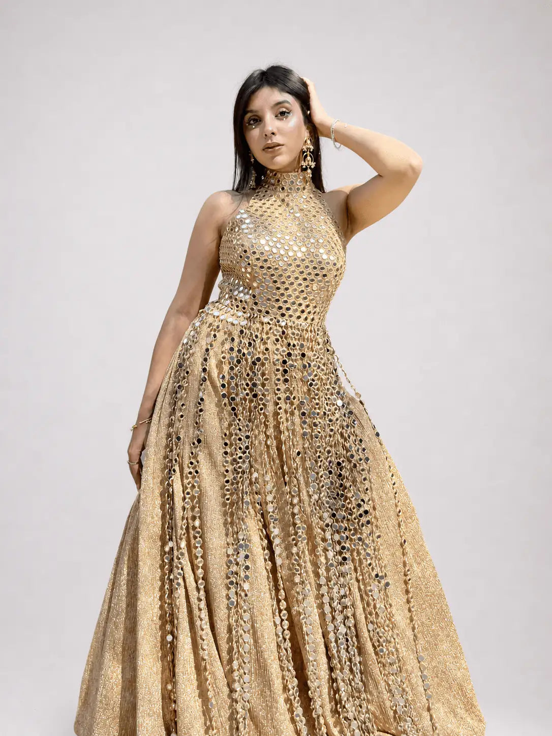 Cosmic Muse – Antique Gold Mirror Work Halter Dress - truzee