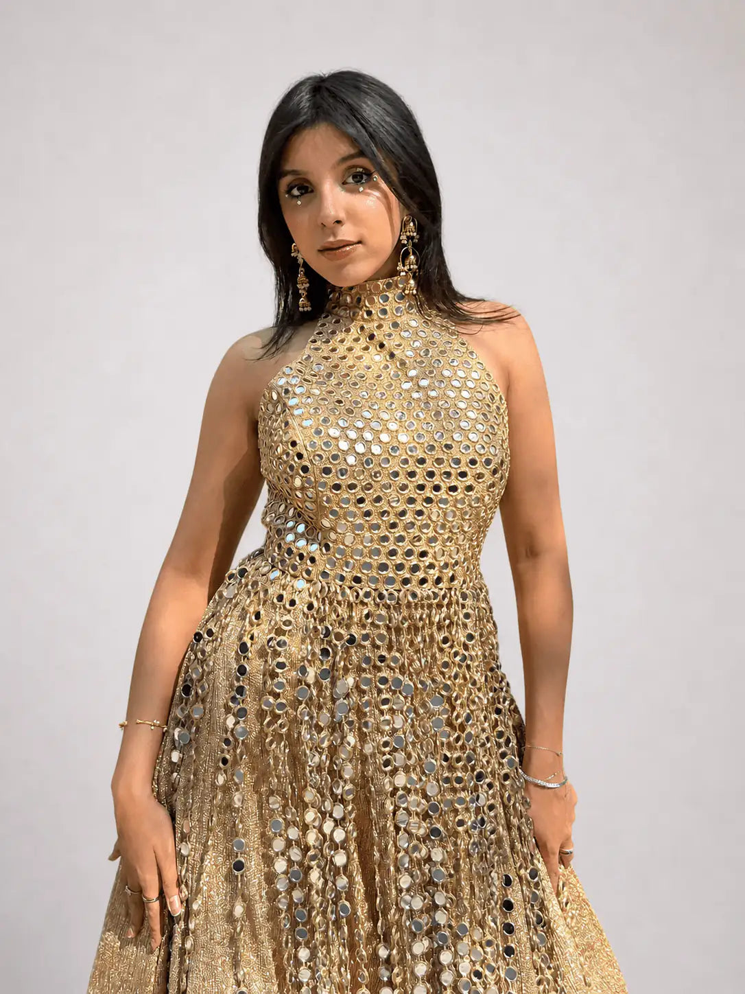 Cosmic Muse – Antique Gold Mirror Work Halter Dress - truzee
