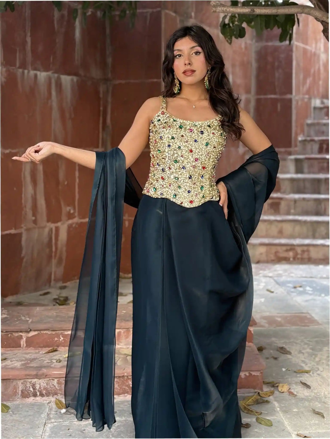 Ziya – Champagne Gold Bejewelled Corset Pre - Draped Saree Set - truzee